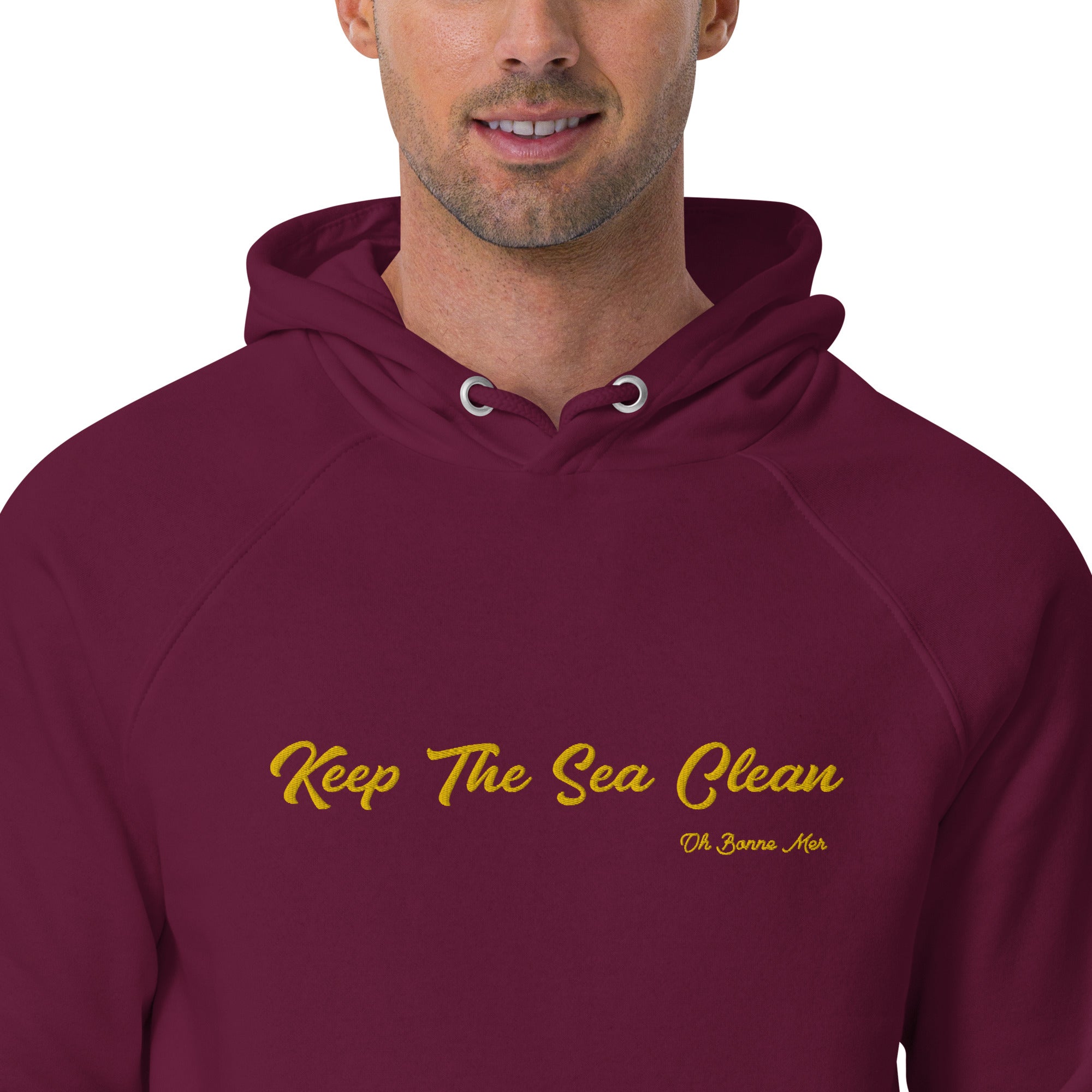 Unisex eco raglan hoodie Keep The Sea Clean large gold embroidered pattern