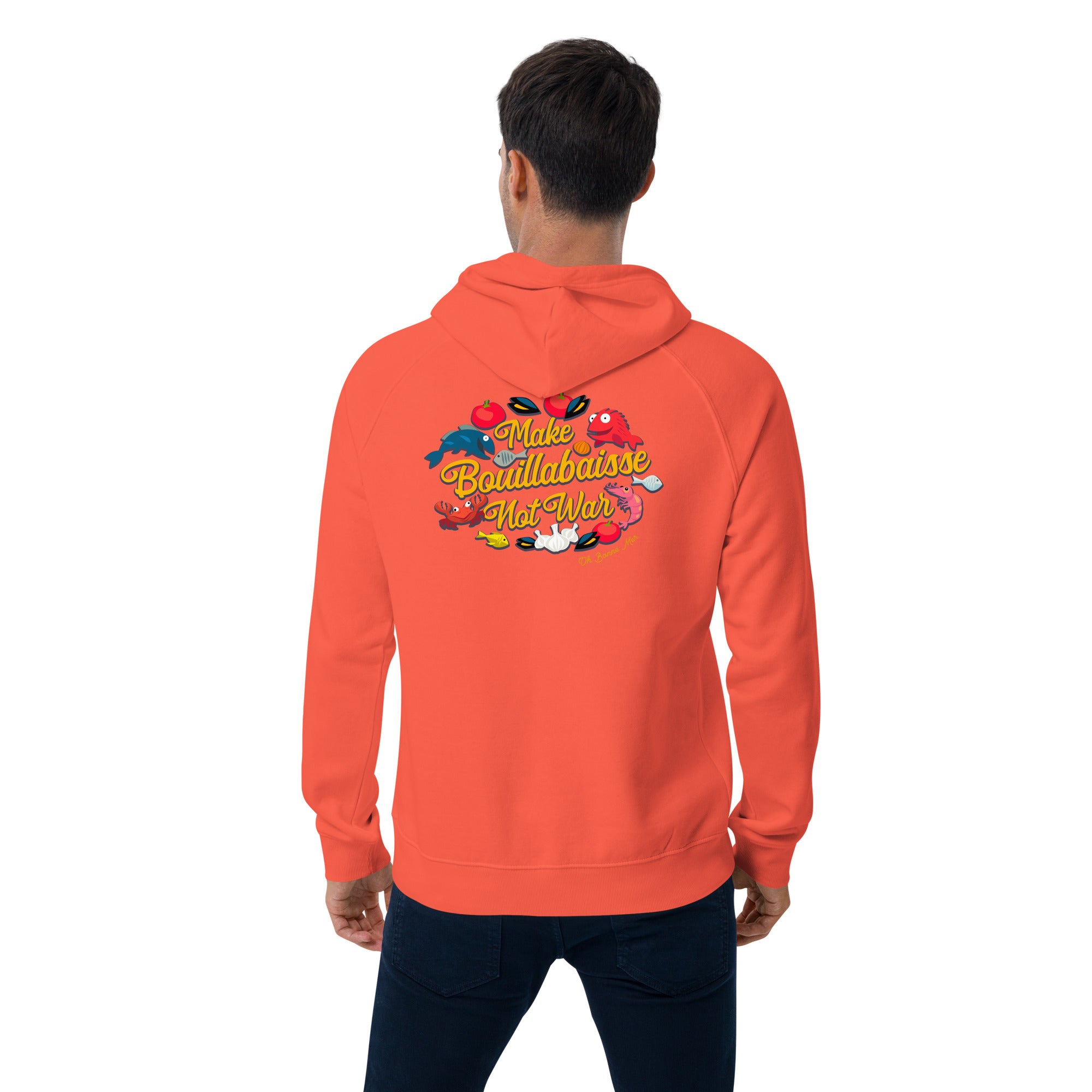 Unisex eco raglan hoodie Make Bouillabaisse Not War embroidered pattern (front) + print (back)