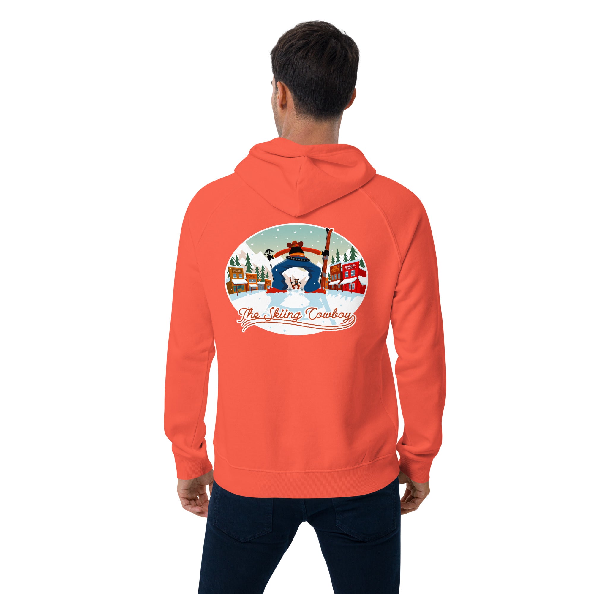 Unisex eco raglan hoodie Skiing Duel (front & back)