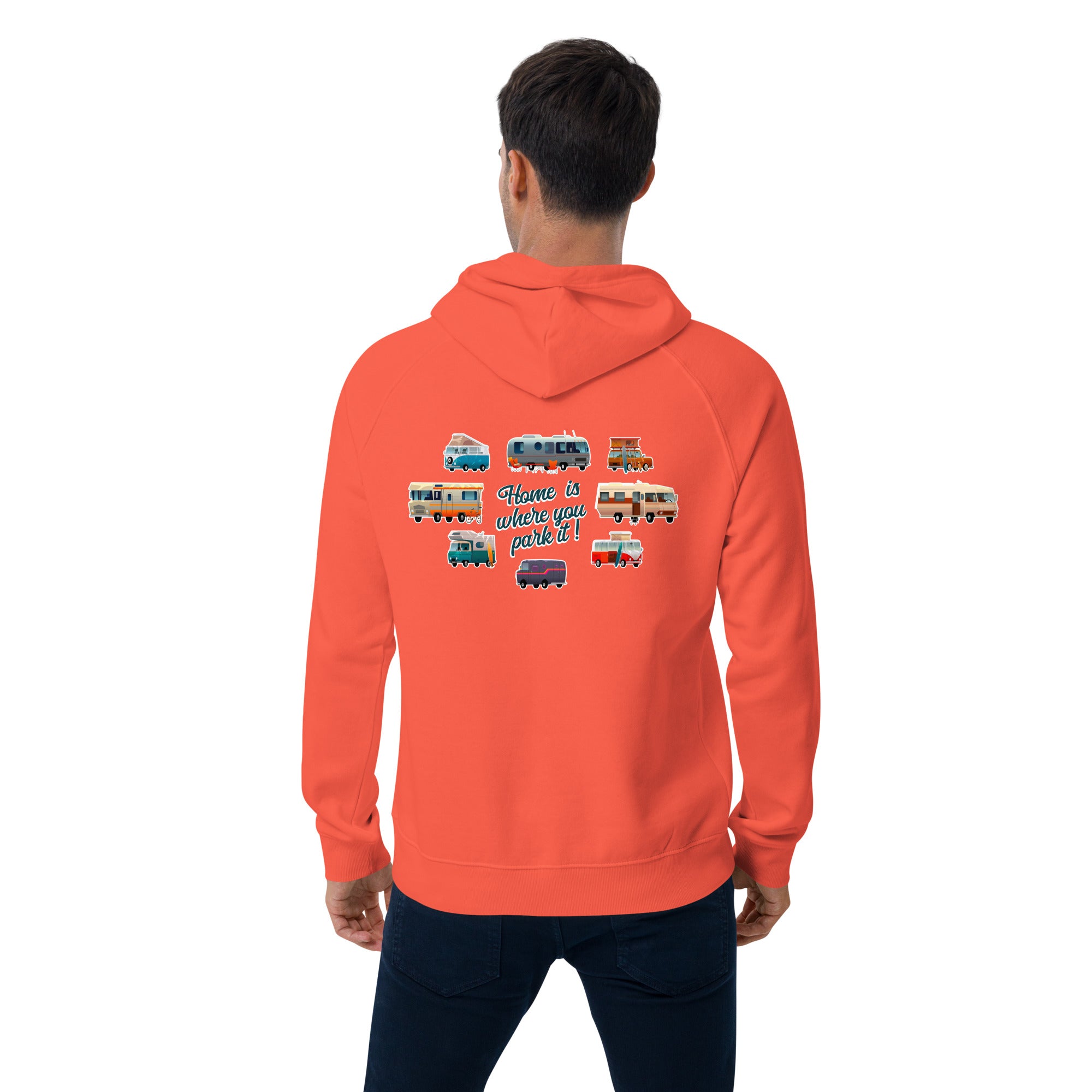 Sweat à capuche écologique Raglan unisexe Square Vintage Campers Home is where you park it brodé blanc