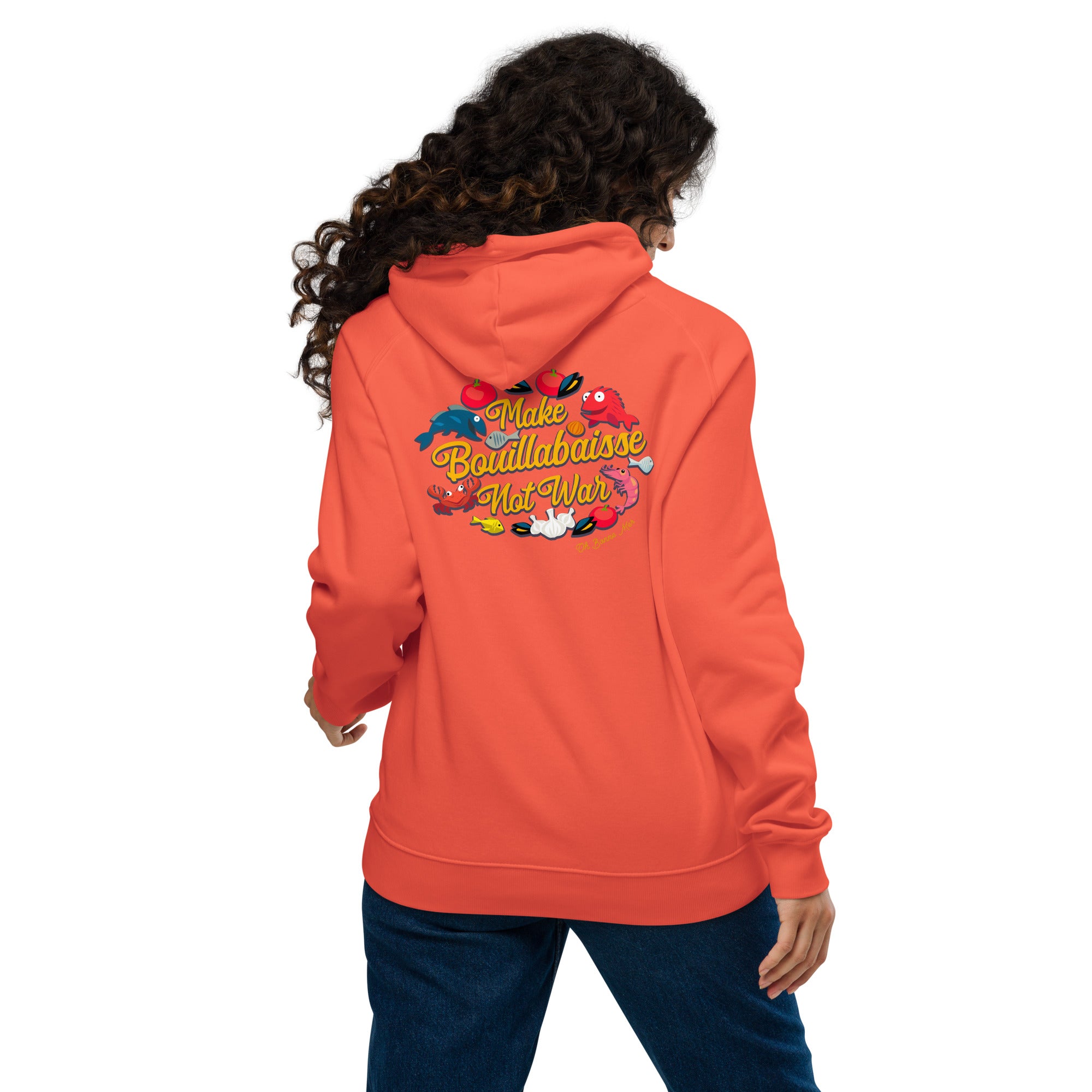 Unisex eco raglan hoodie Make Bouillabaisse Not War embroidered pattern (front) + print (back)