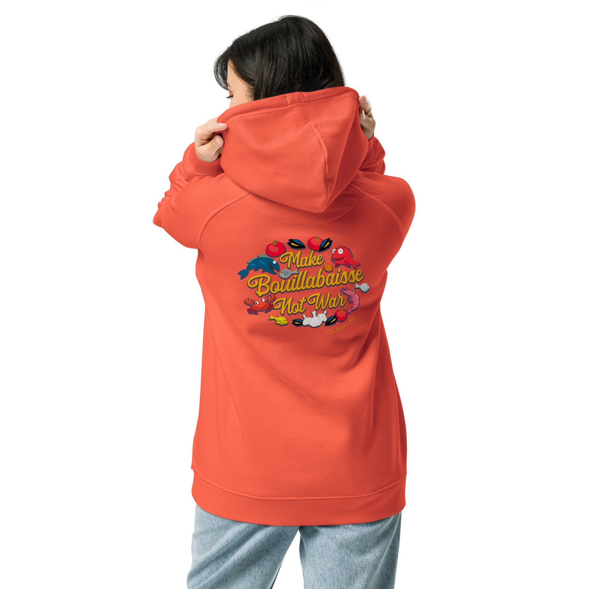 Unisex eco raglan hoodie Make Bouillabaisse Not War embroidered pattern (front) + print (back)