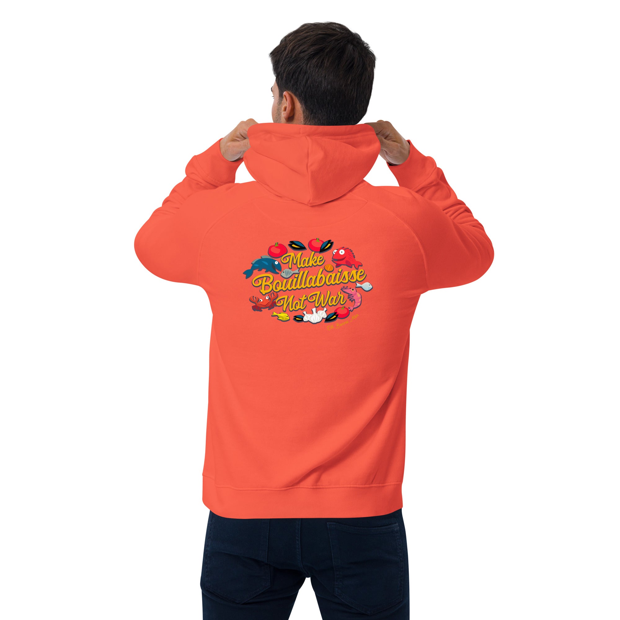 Unisex eco raglan hoodie Make Bouillabaisse Not War embroidered pattern (front) + print (back)