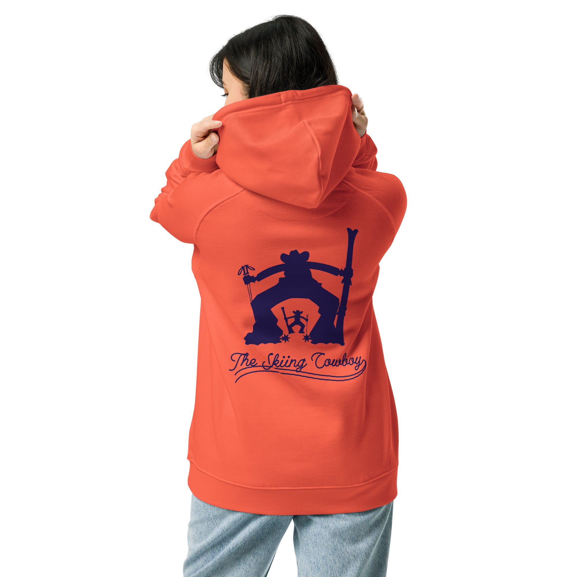 Unisex eco raglan hoodie The Skiing Cowboy Duel Silhouette (front & back)