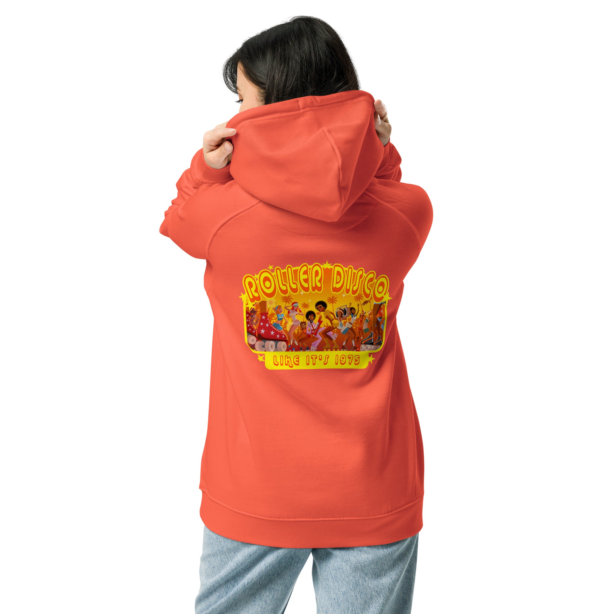 Unisex eco raglan hoodie Roller Disco (front & back)