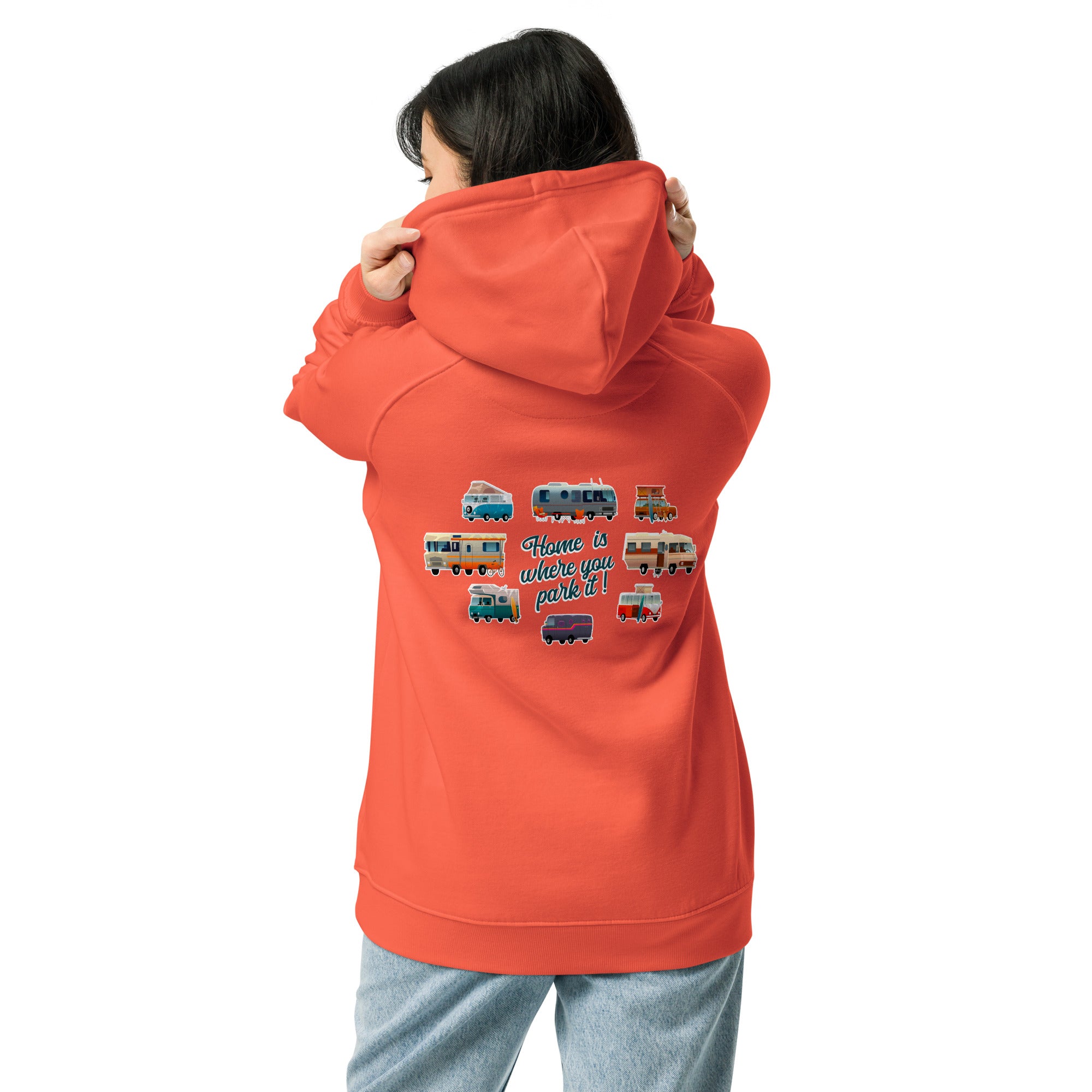 Unisex eco raglan hoodie Square Vintage Campers Home is where you park it white embroidered pattern