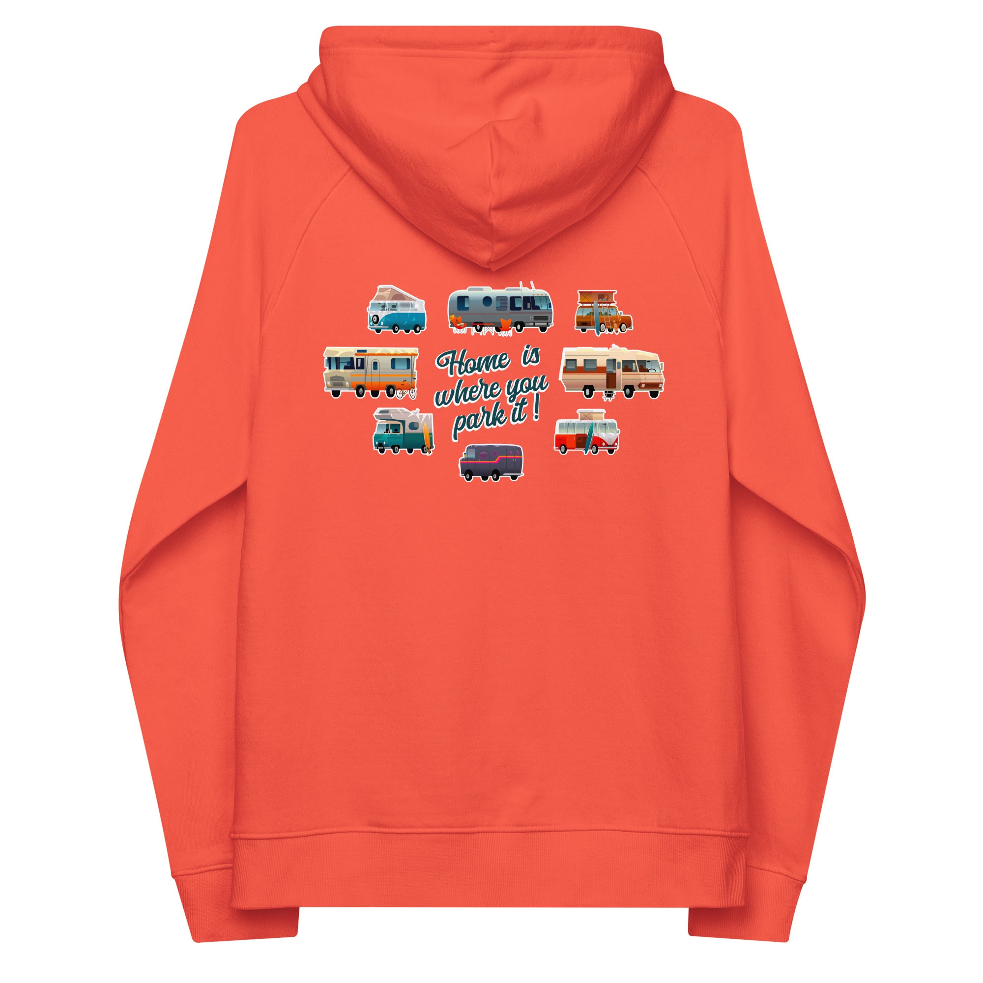 Unisex eco raglan hoodie Square Vintage Campers Home is where you park it white embroidered pattern