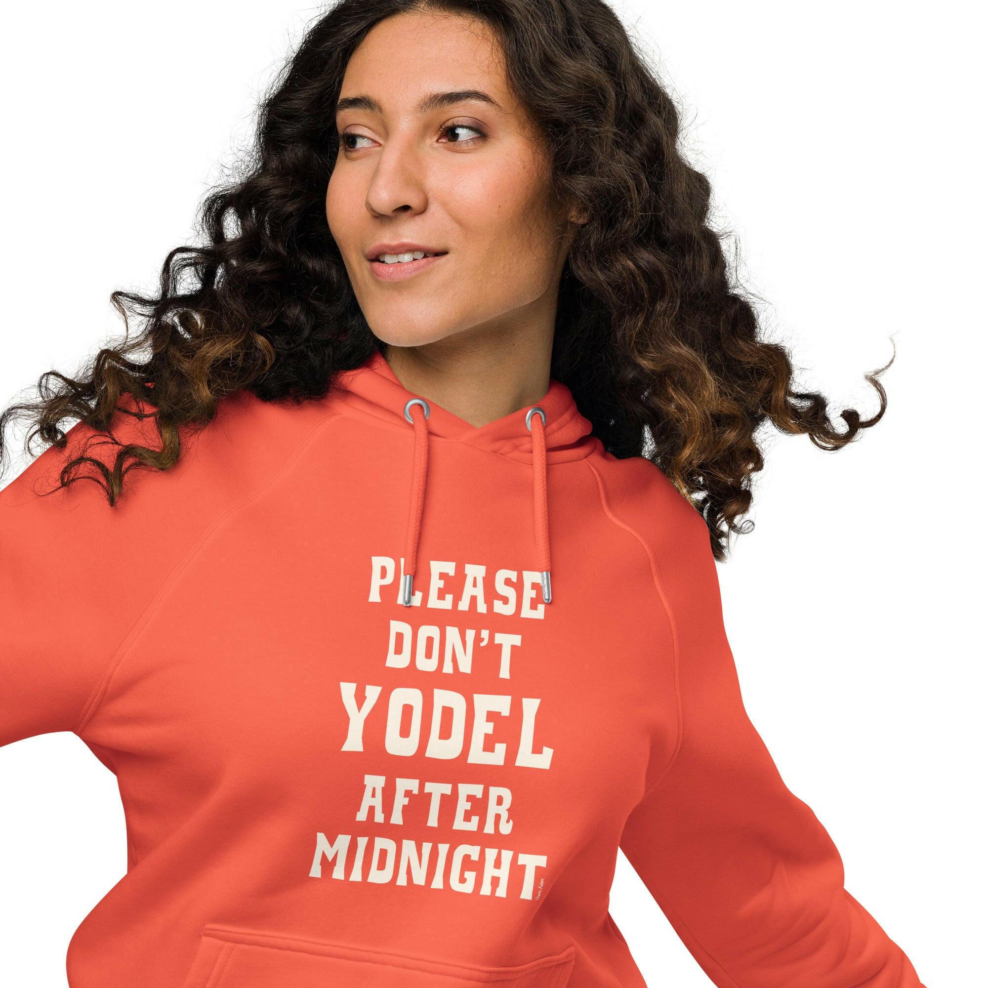 Unisex eco raglan hoodie Don't Yodel After Midnight on dark colors