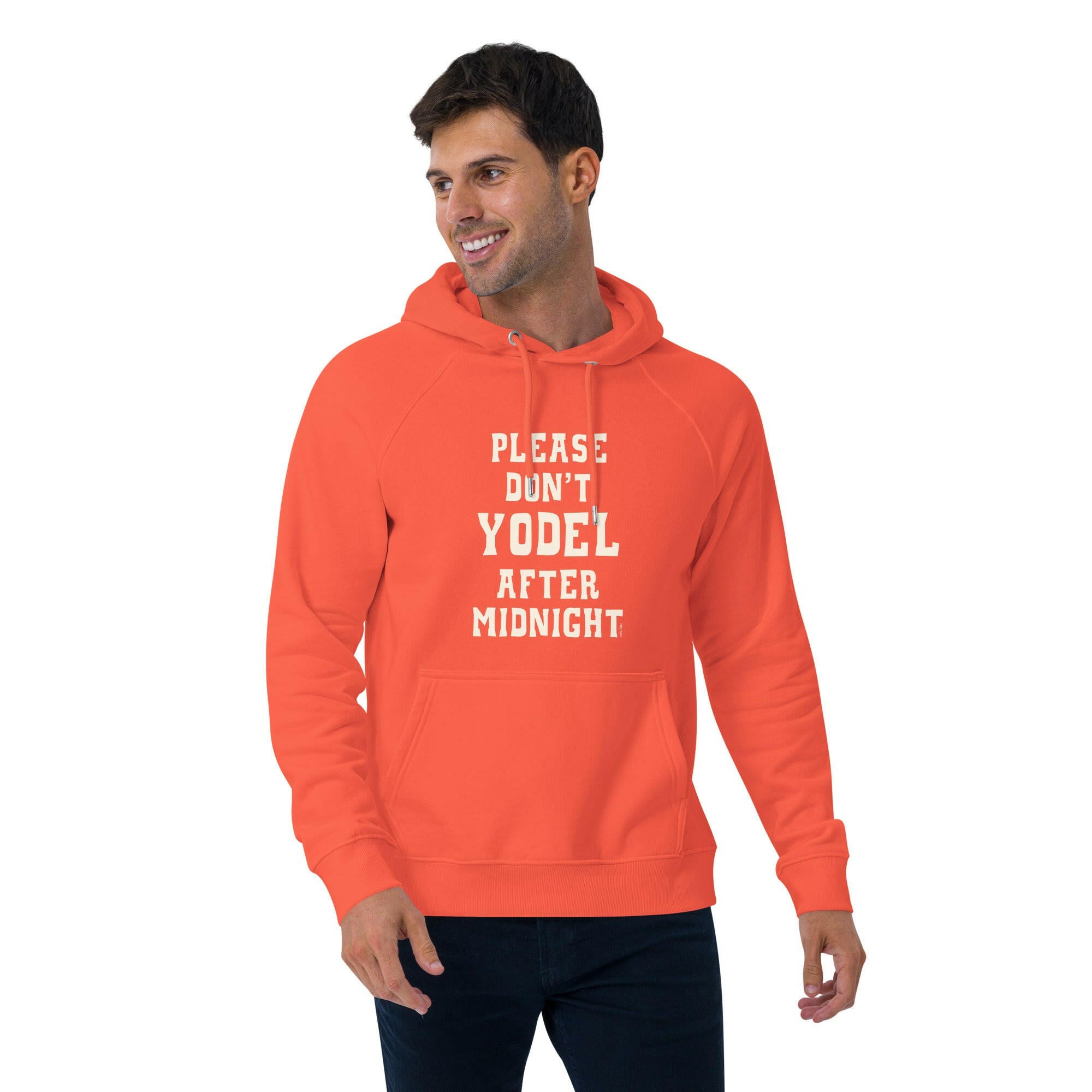 Unisex eco raglan hoodie Don't Yodel After Midnight on dark colors