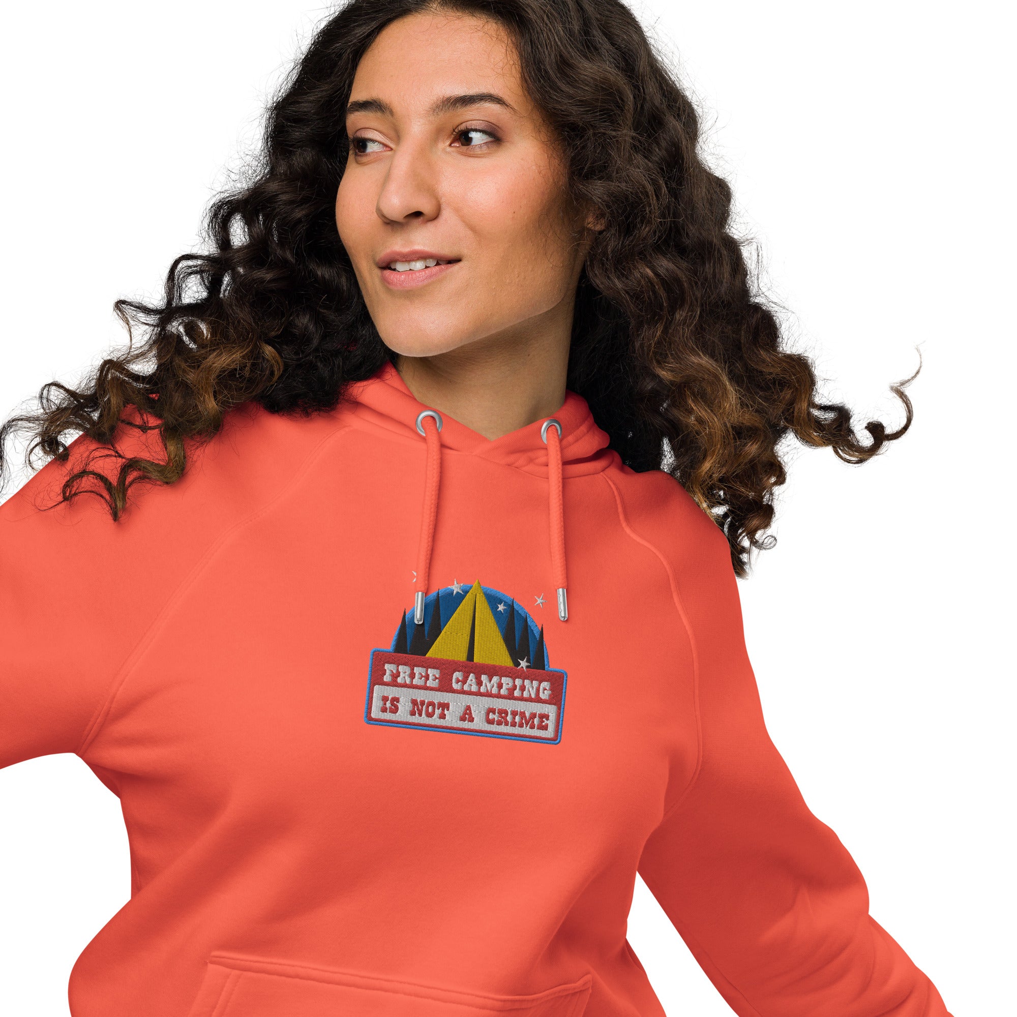 Unisex eco raglan hoodie Free camping is not a crime graphic multicolor embroidered pattern