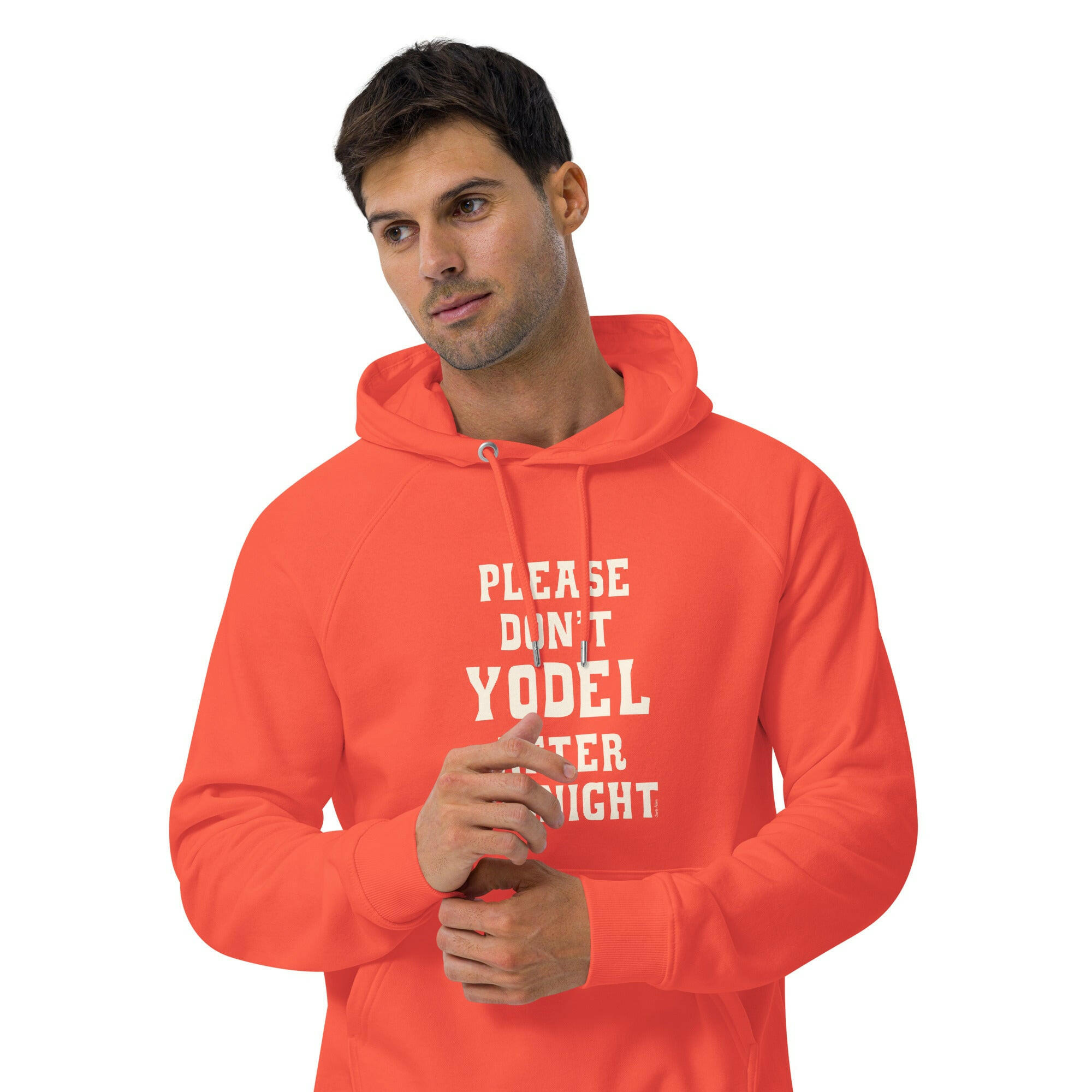 Unisex eco raglan hoodie Don't Yodel After Midnight on dark colors