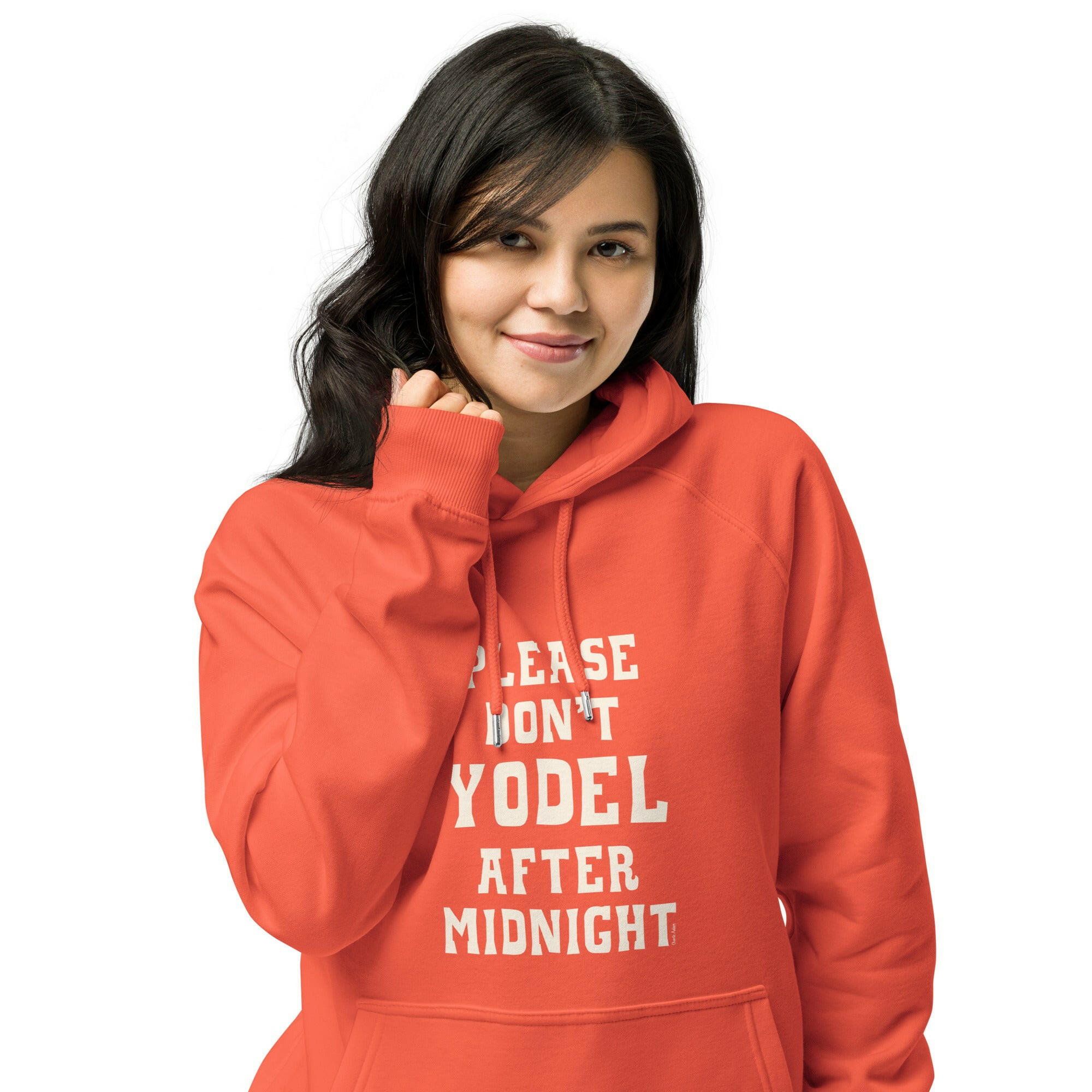 Unisex eco raglan hoodie Don't Yodel After Midnight on dark colors