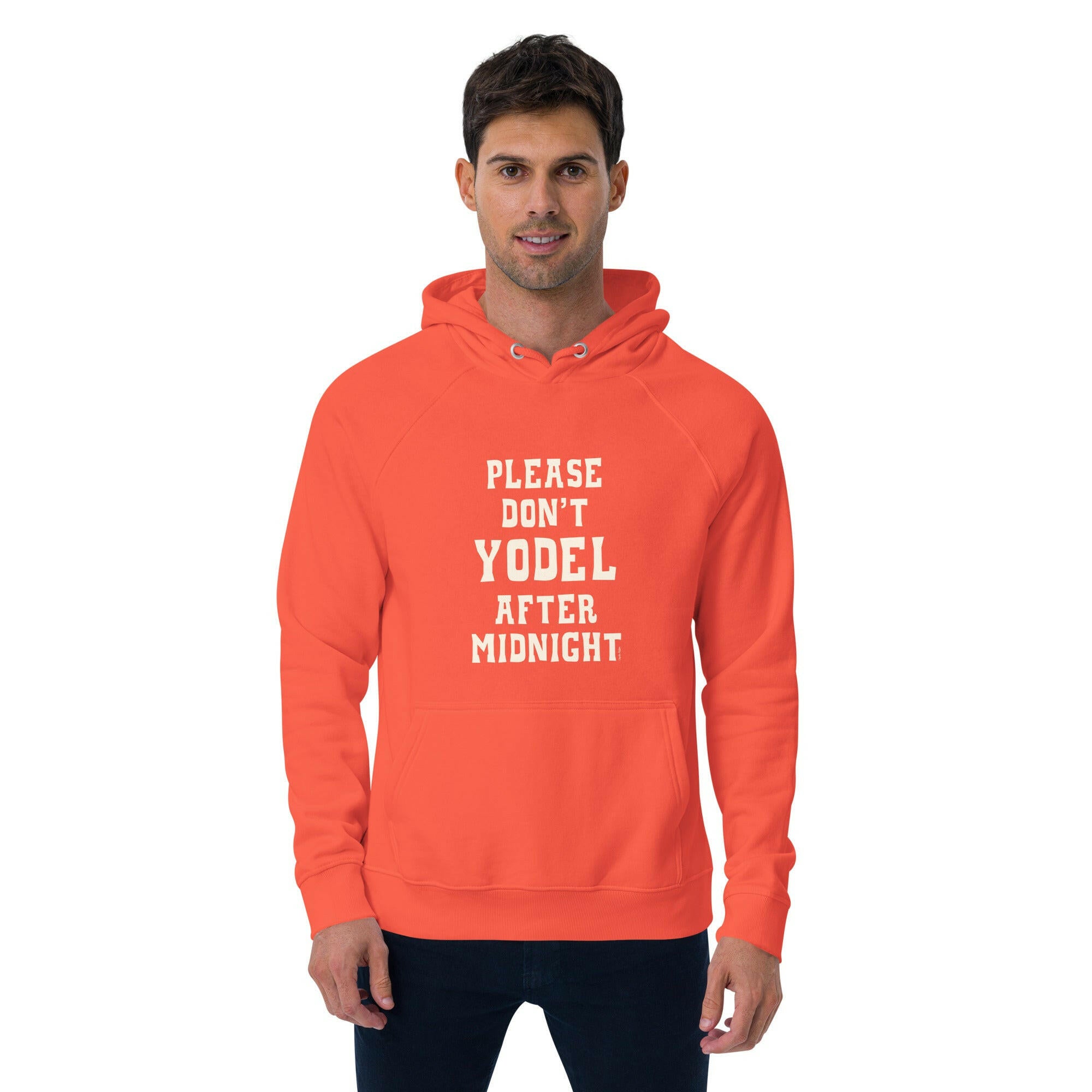 Unisex eco raglan hoodie Don't Yodel After Midnight on dark colors