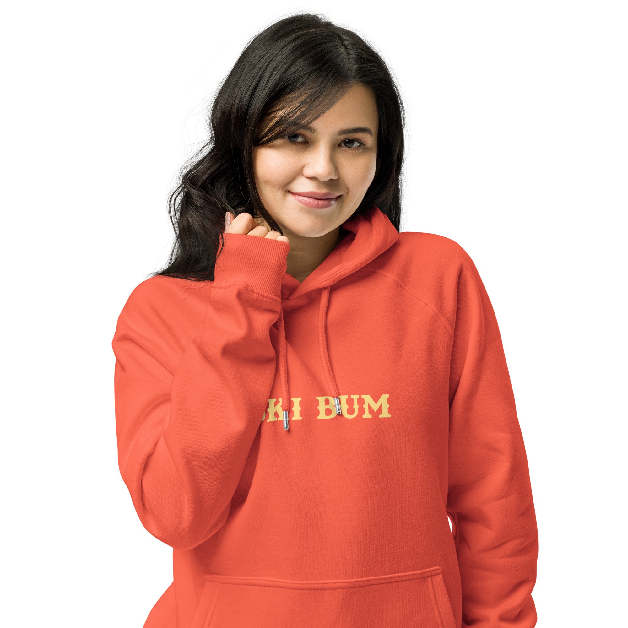 Unisex eco raglan hoodie Ski Bum light text