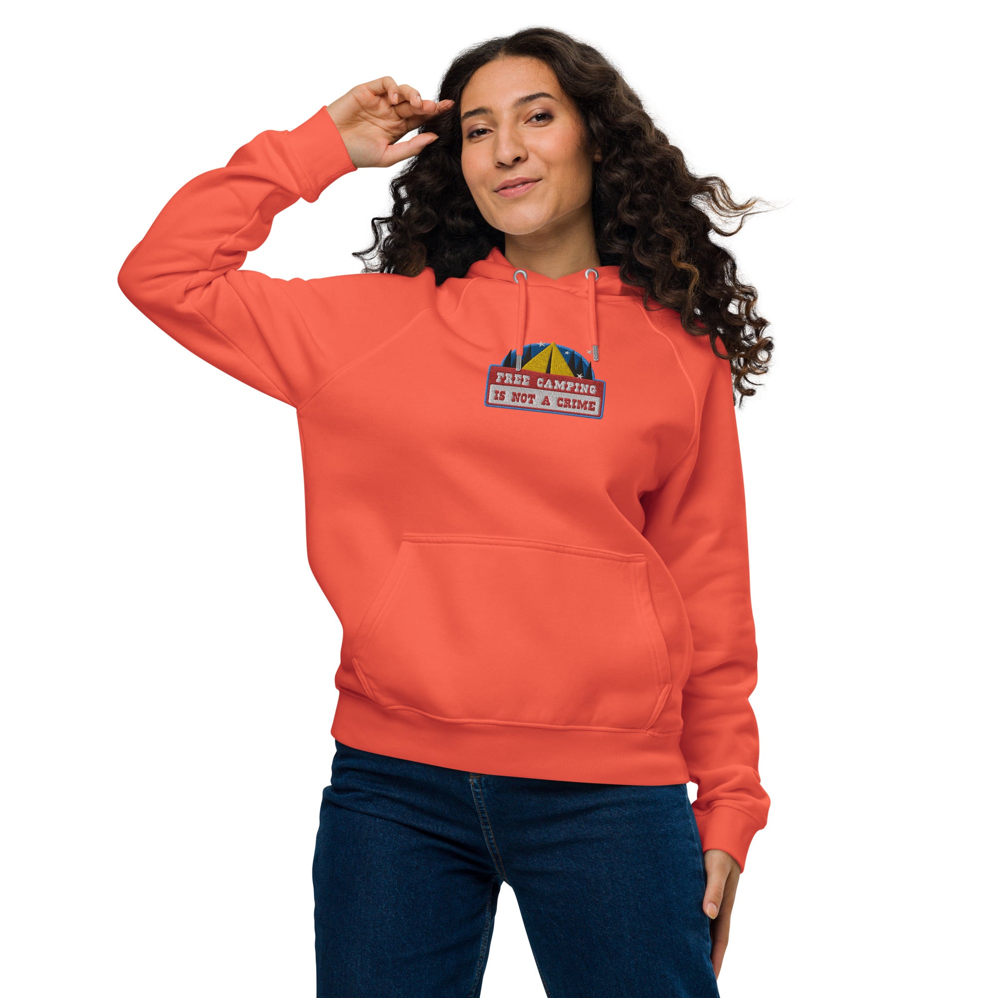 Unisex eco raglan hoodie Free camping is not a crime graphic multicolor embroidered pattern