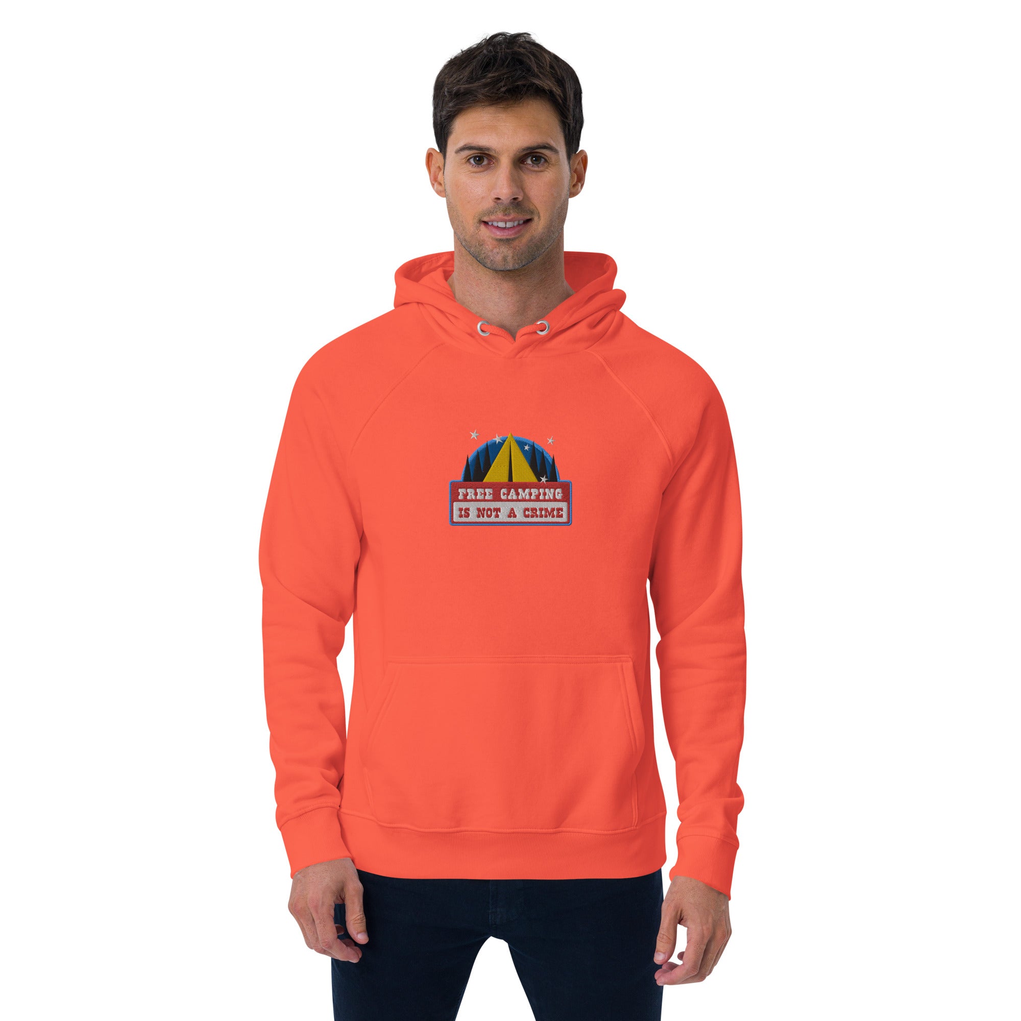 Unisex eco raglan hoodie Free camping is not a crime graphic multicolor embroidered pattern