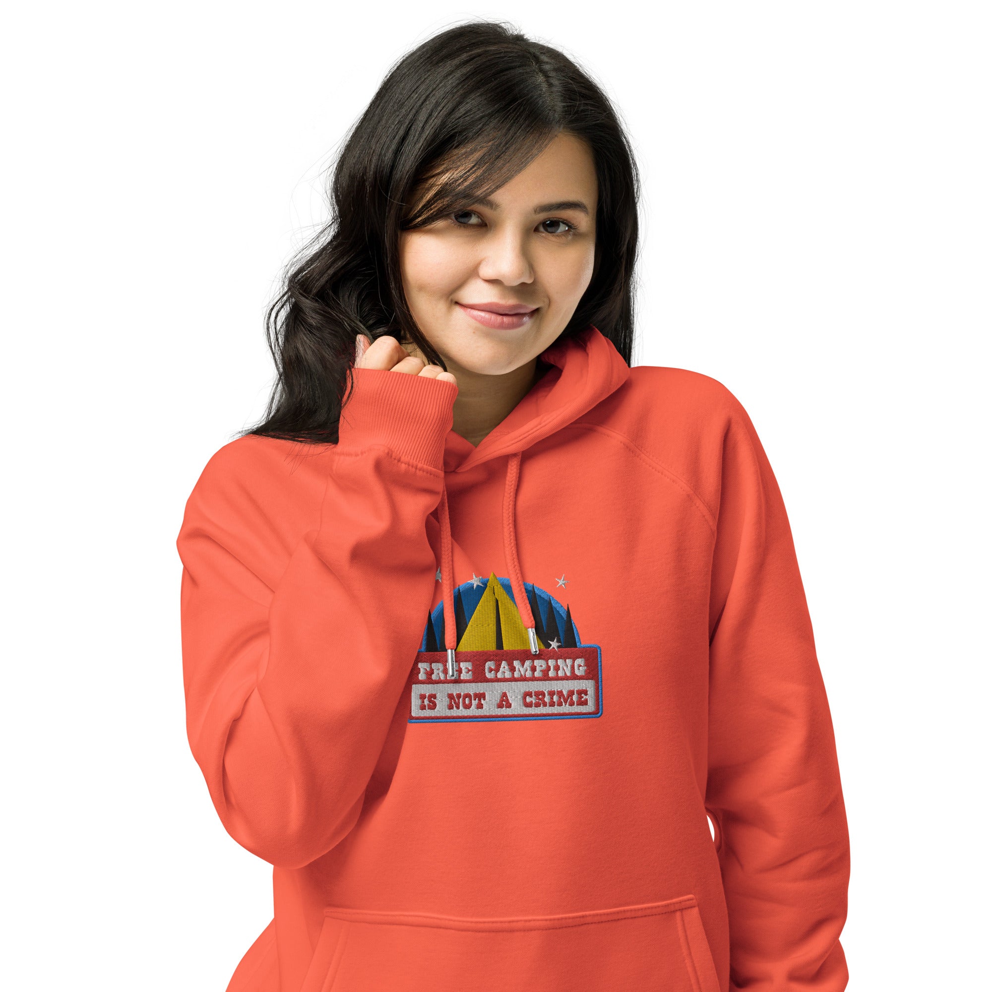 Unisex eco raglan hoodie Free camping is not a crime graphic multicolor embroidered pattern