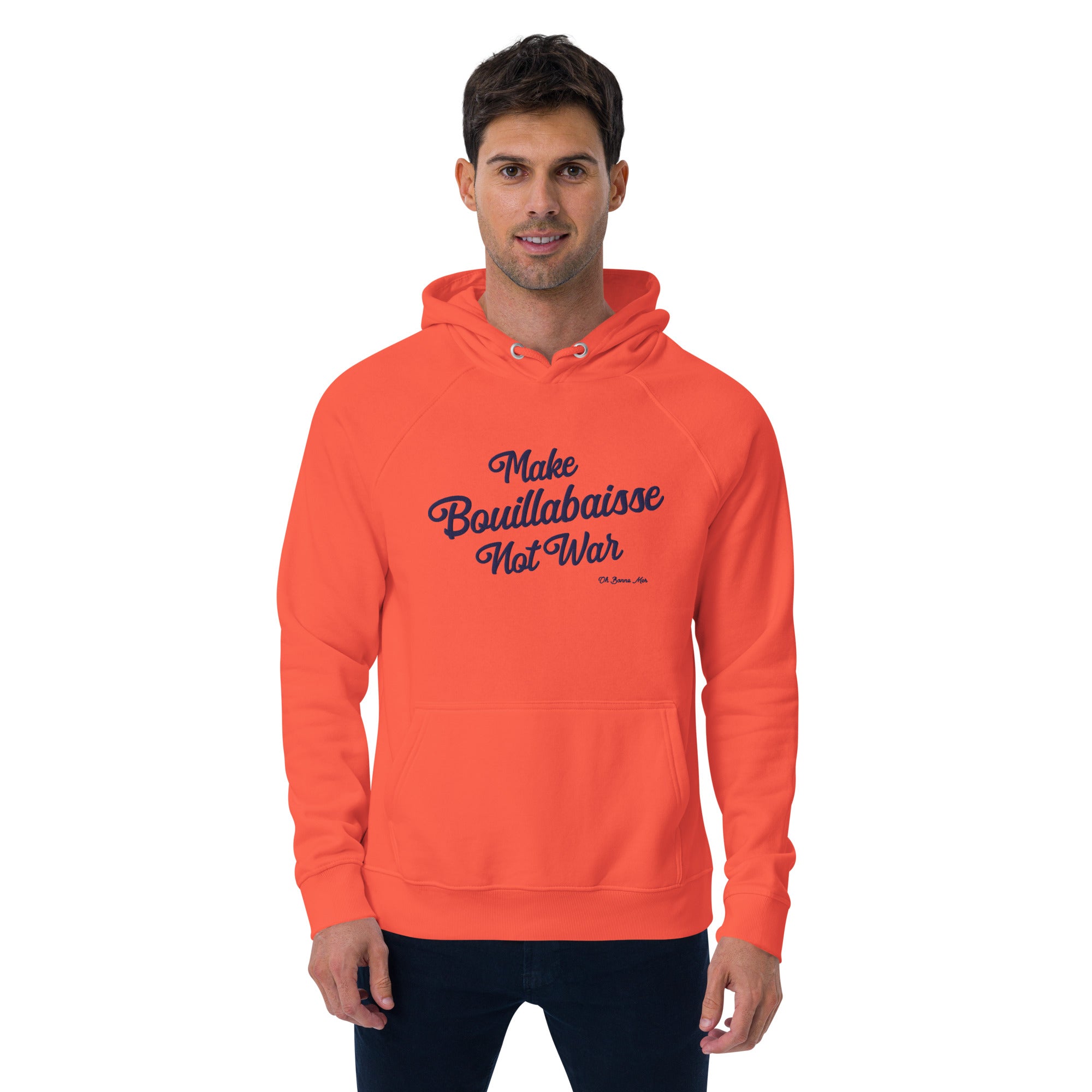 Sweat à capuche écologique Raglan unisexe Make Bouillabaisse Not War grand motif brodé navy