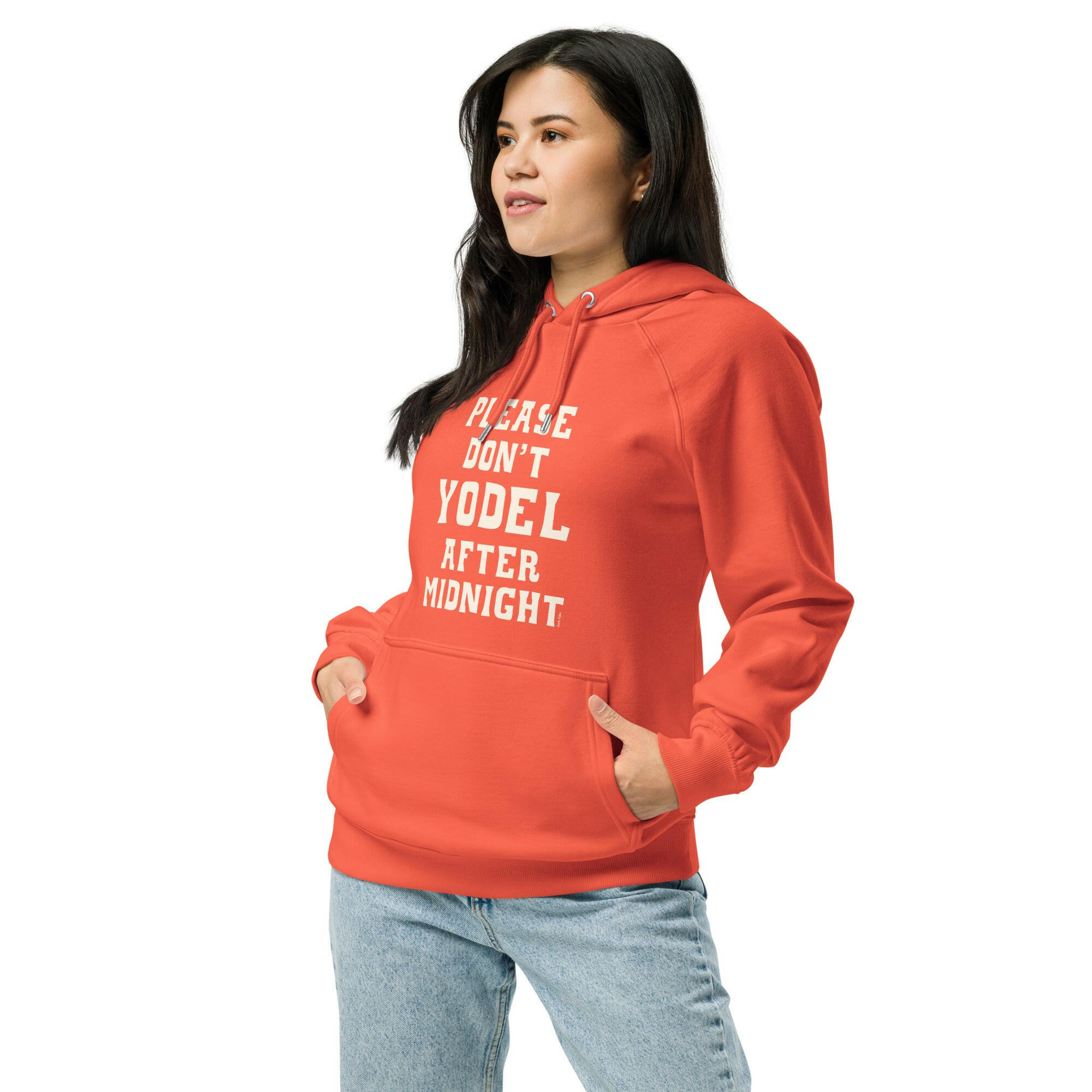 Unisex eco raglan hoodie Don't Yodel After Midnight on dark colors