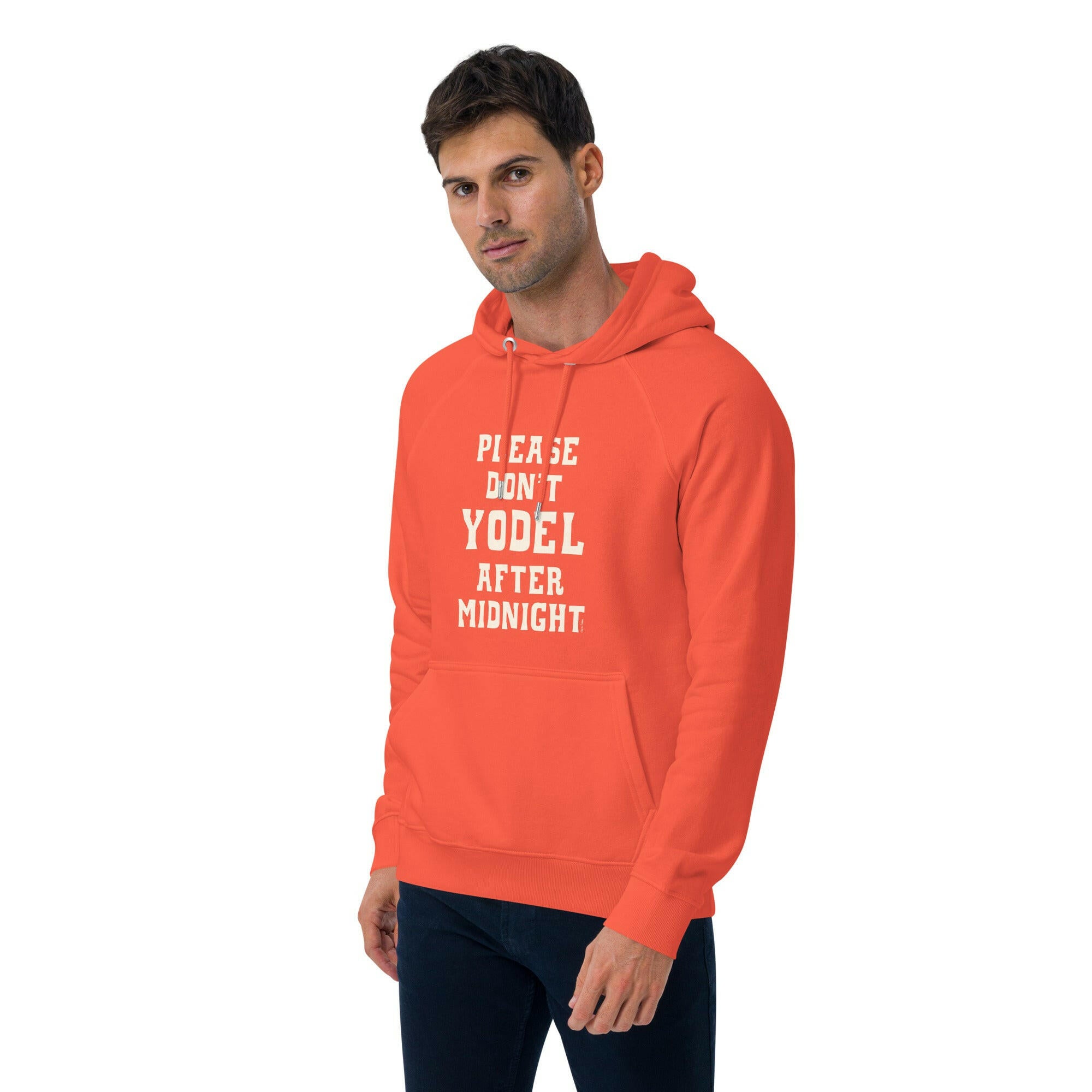 Unisex eco raglan hoodie Don't Yodel After Midnight on dark colors