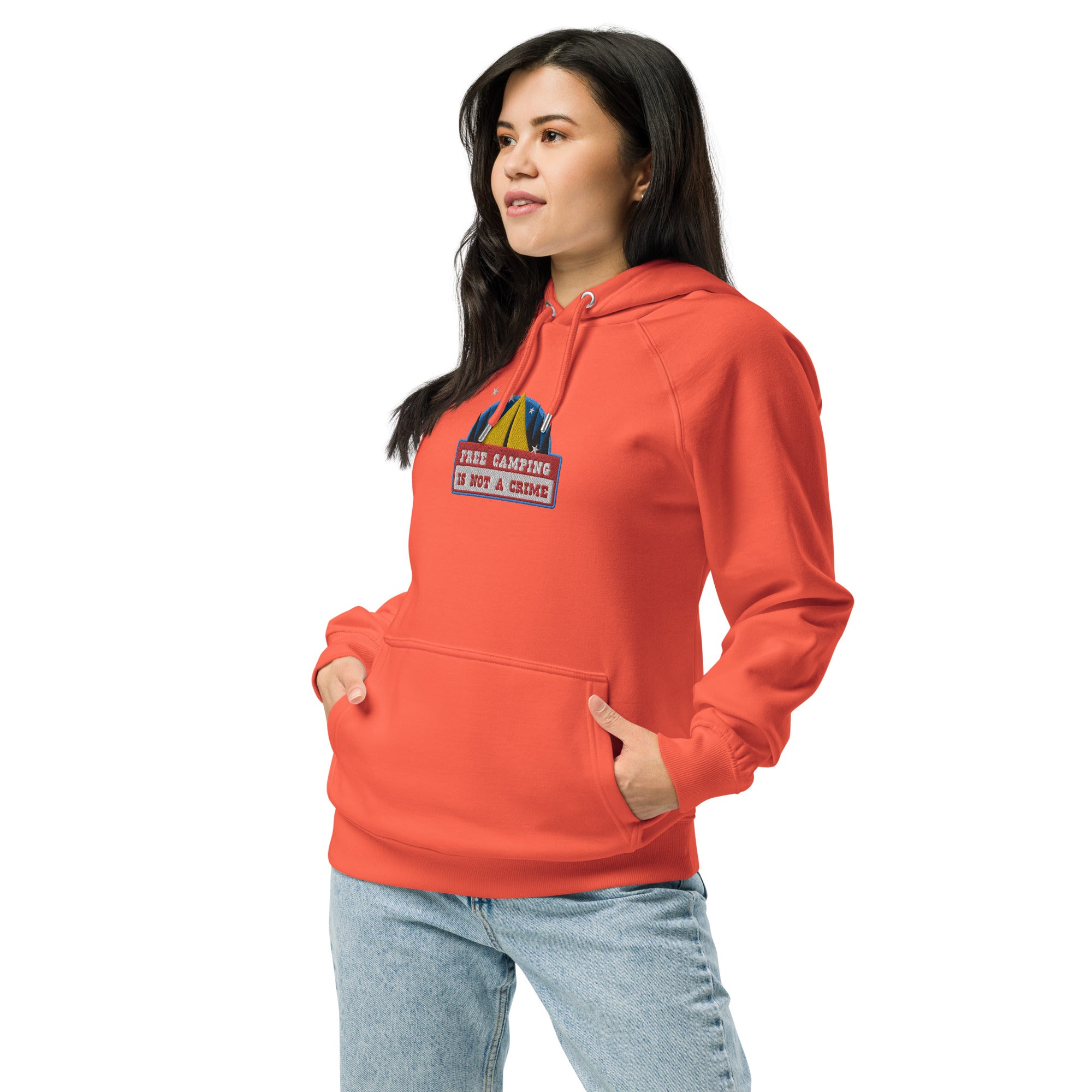 Unisex eco raglan hoodie Free camping is not a crime graphic multicolor embroidered pattern