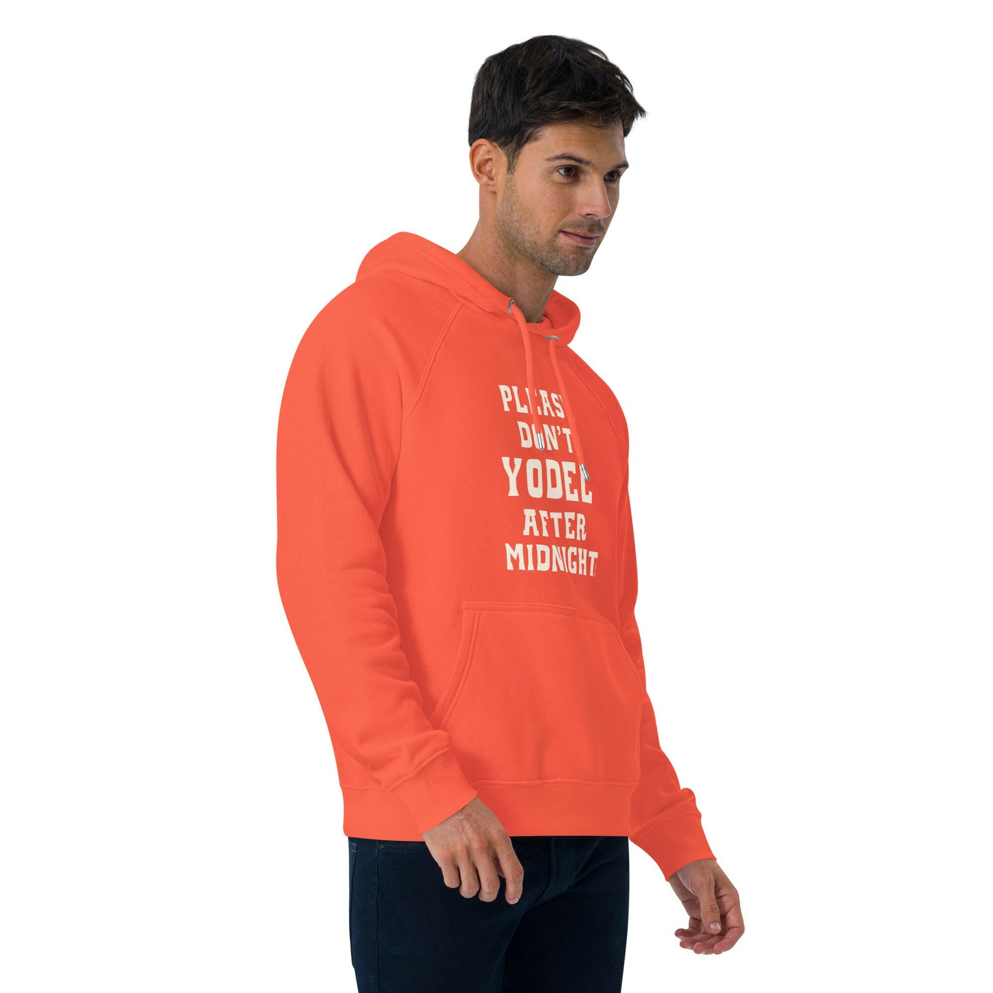 Unisex eco raglan hoodie Don't Yodel After Midnight on dark colors