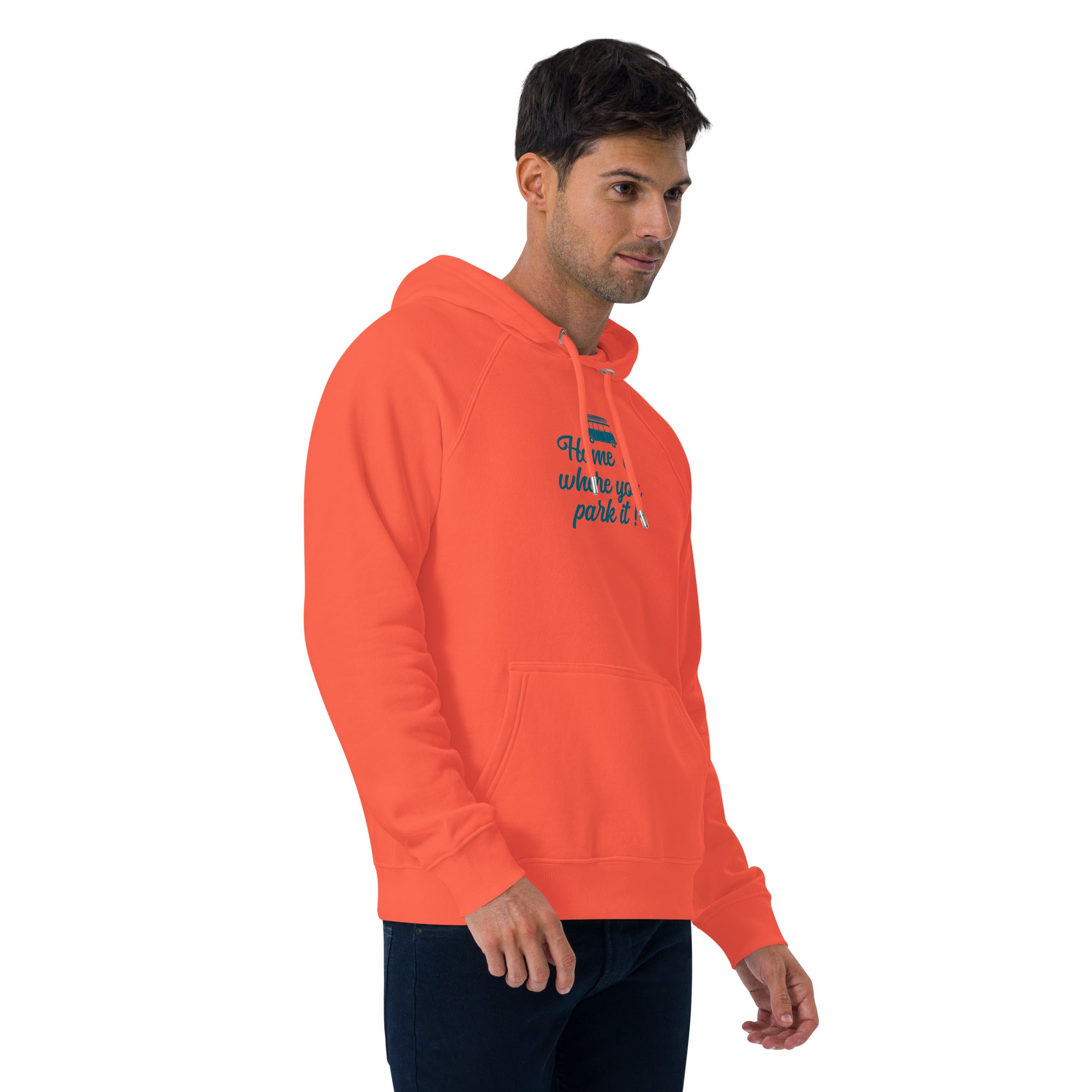 Unisex eco raglan hoodie Blue Surf Combi Home is where you park it