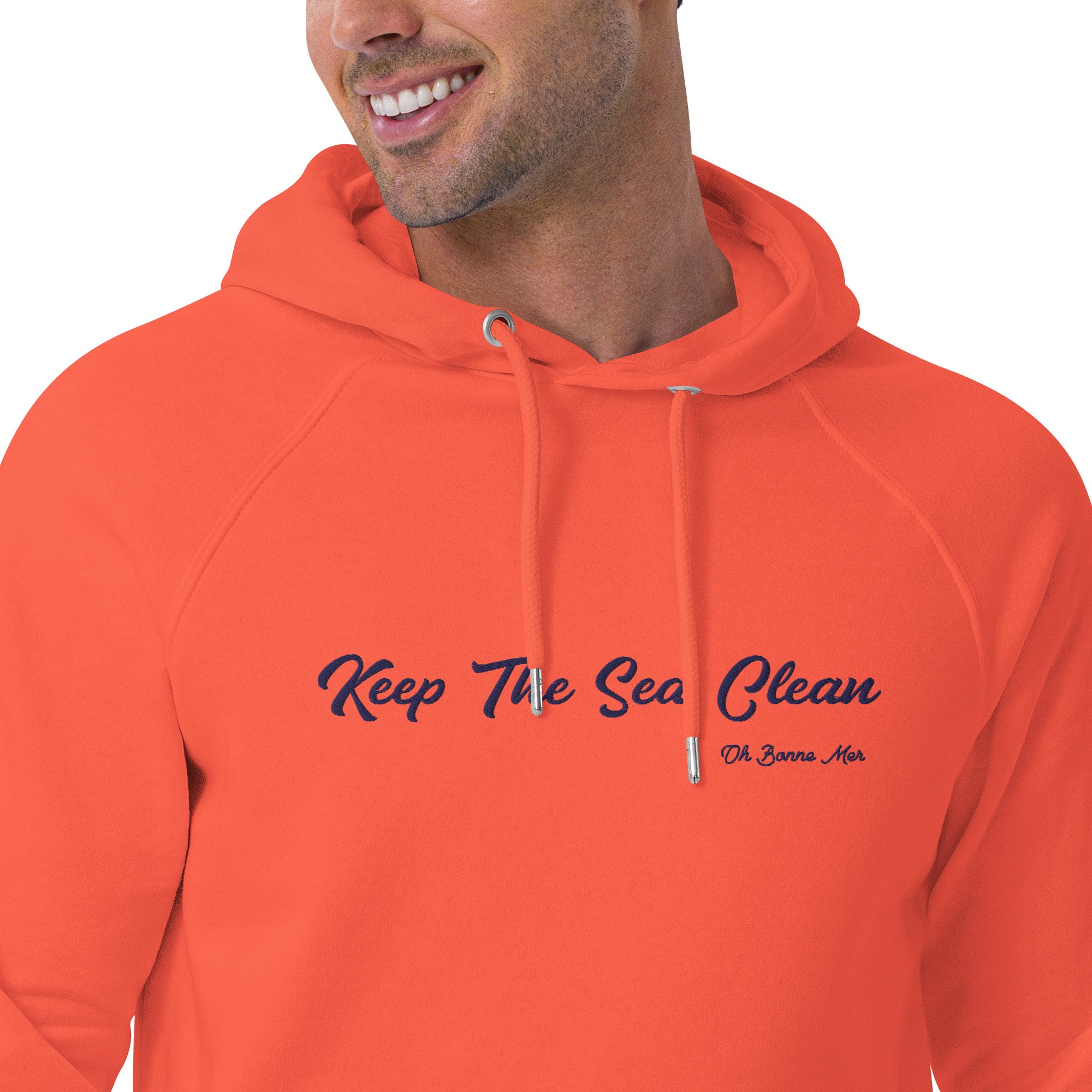 Unisex eco raglan hoodie Keep The Sea Clean large navy embroidered pattern