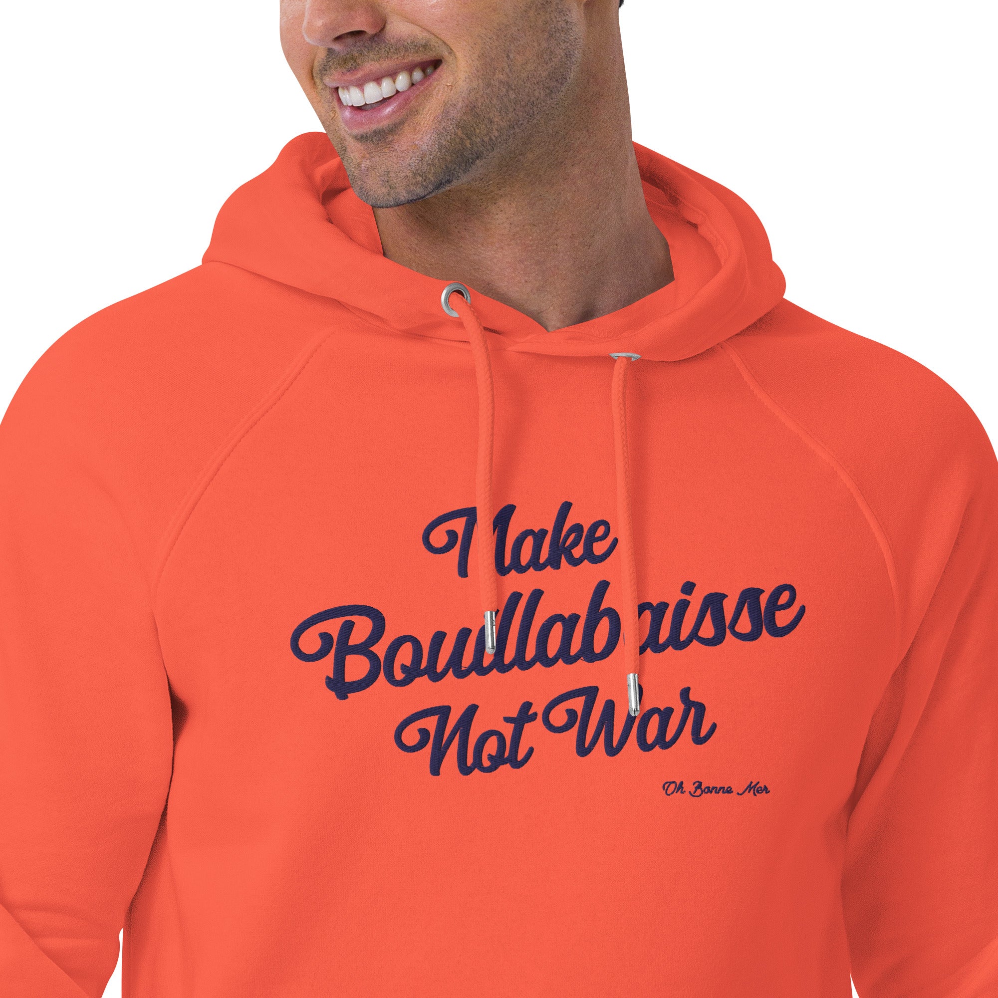 Unisex eco raglan hoodie Make Bouillabaisse Not War large navy embroidered pattern