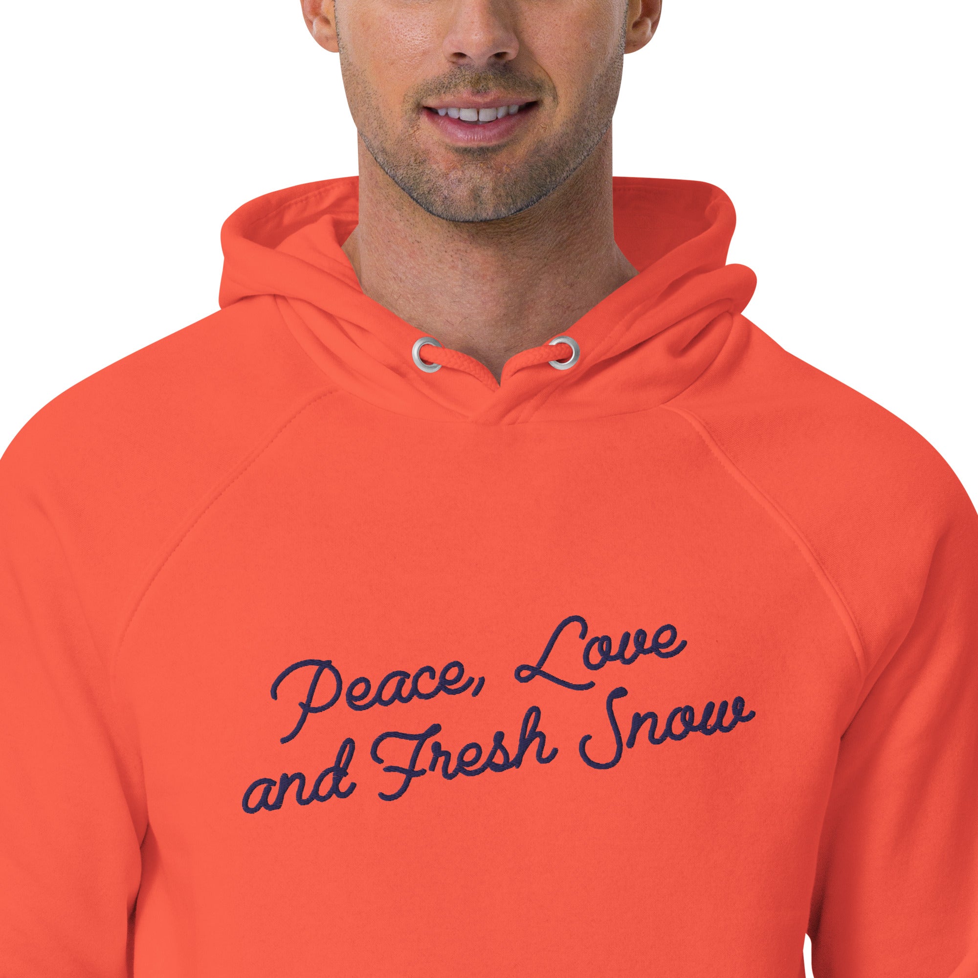 Unisex eco raglan hoodie Peace, Love and Fresh Snow large navy embroidered pattern