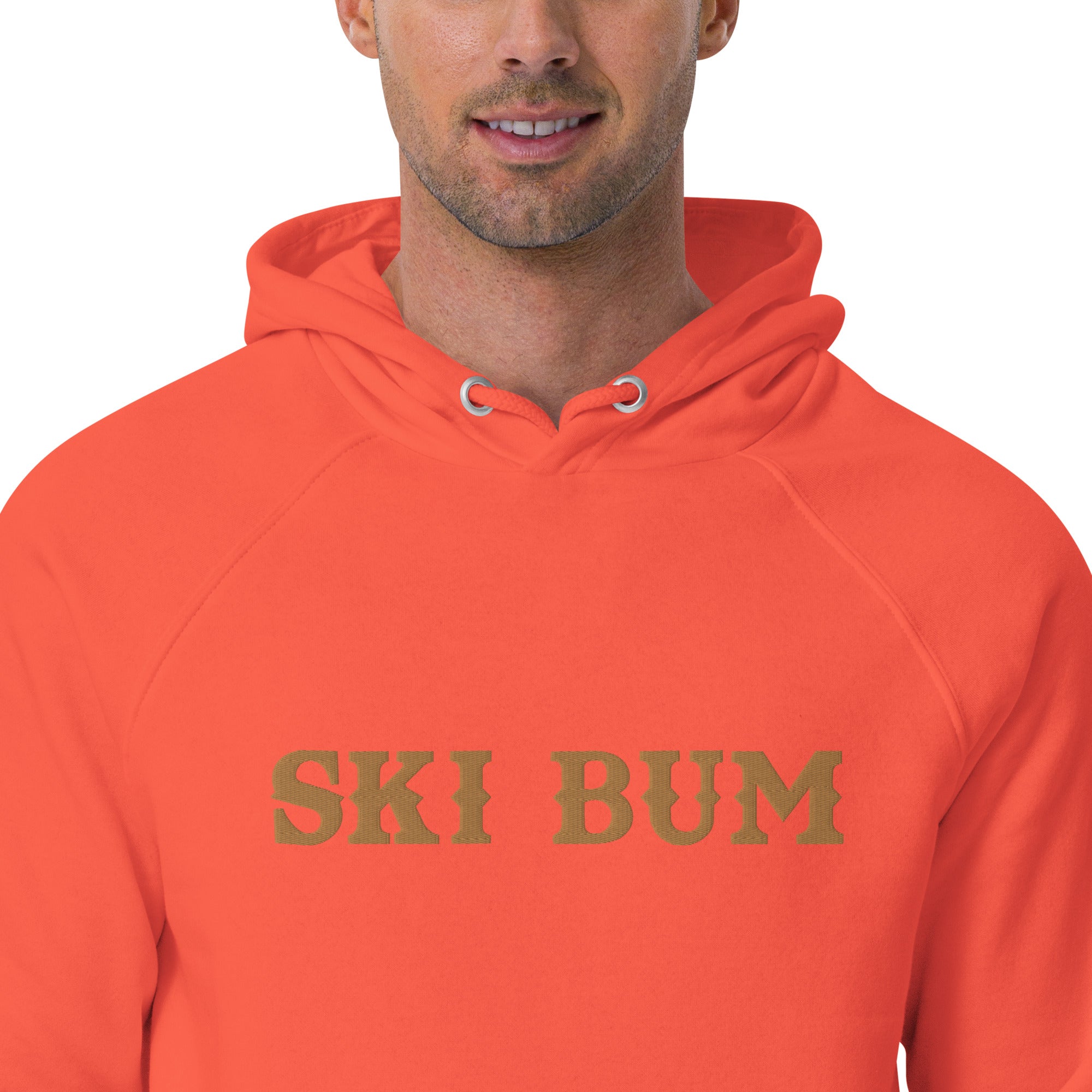 Sweat à capuche écologique Raglan unisexe Ski Bum grand motif brodé old gold