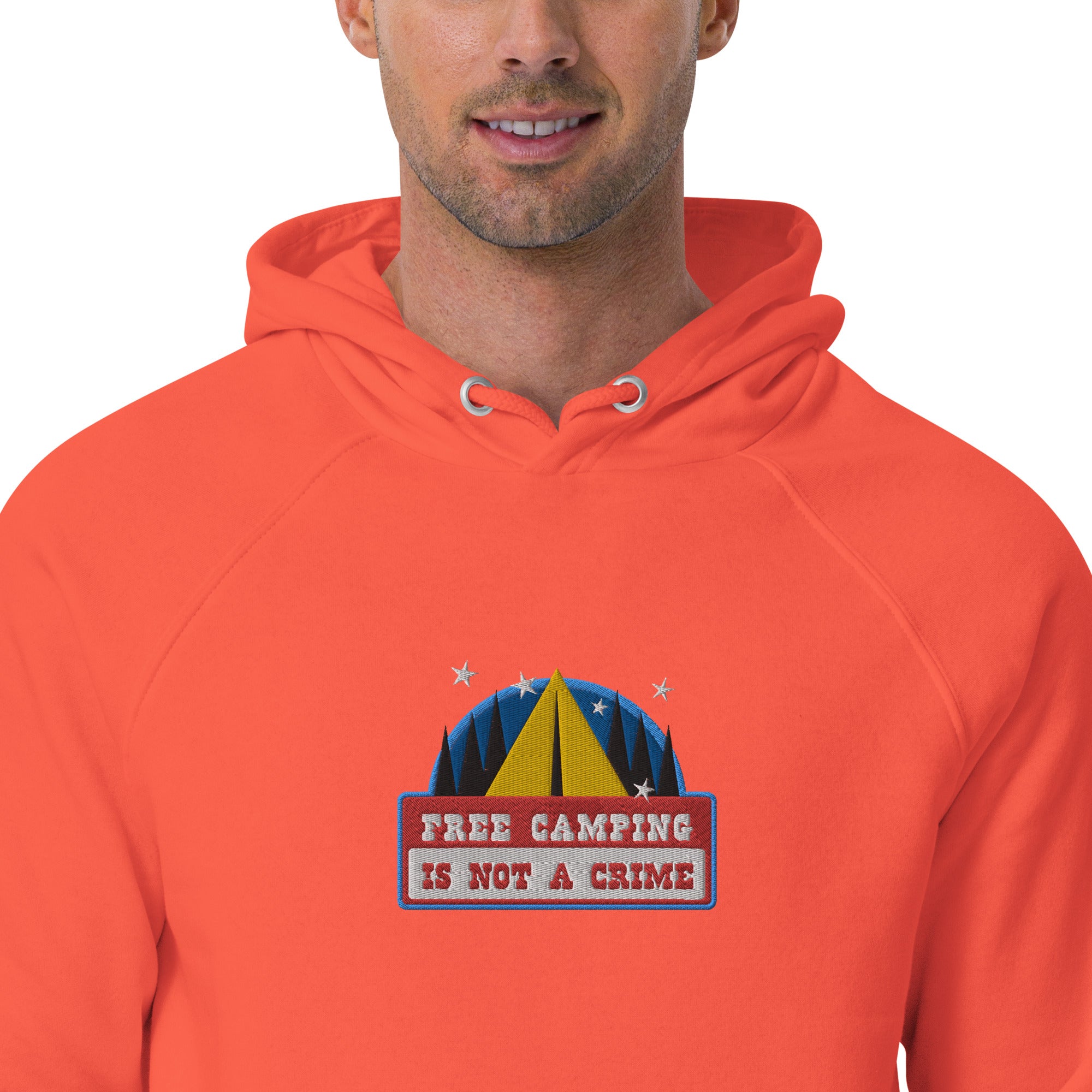 Unisex eco raglan hoodie Free camping is not a crime graphic multicolor embroidered pattern