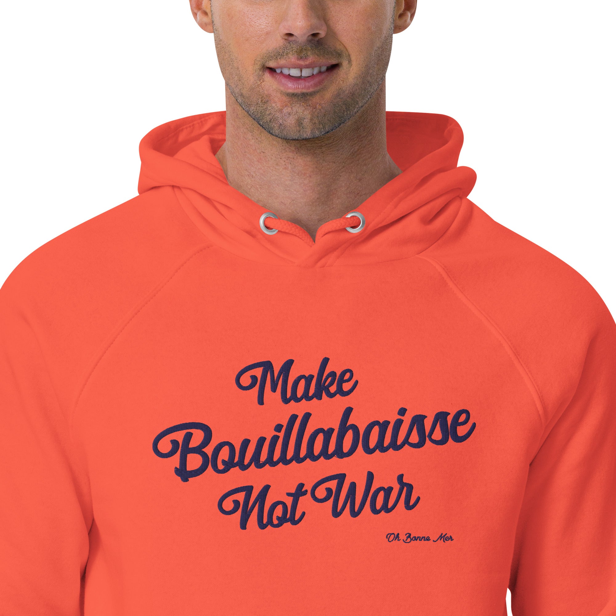 Unisex eco raglan hoodie Make Bouillabaisse Not War large navy embroidered pattern