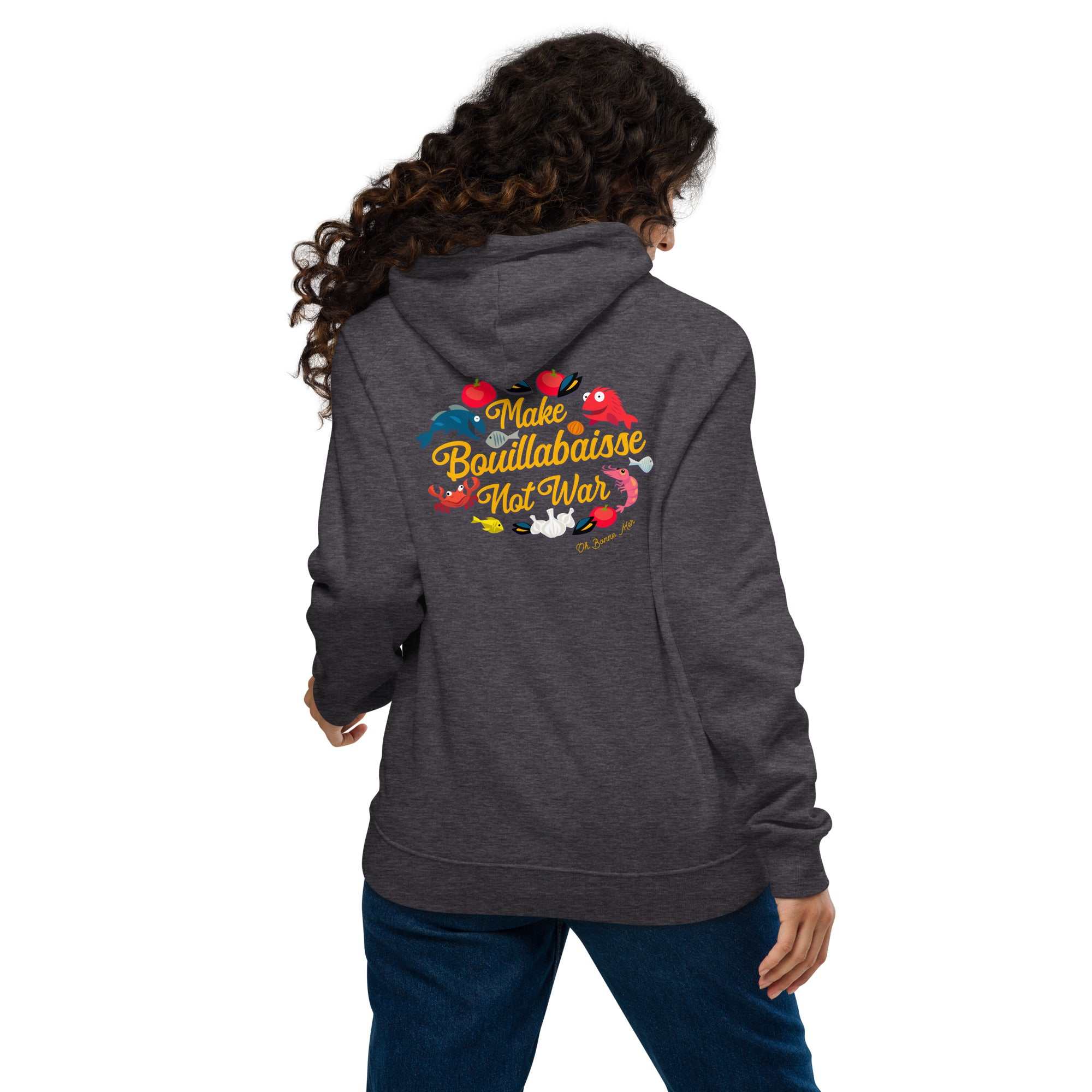 Unisex eco raglan hoodie Make Bouillabaisse Not War embroidered pattern (front) + print (back)