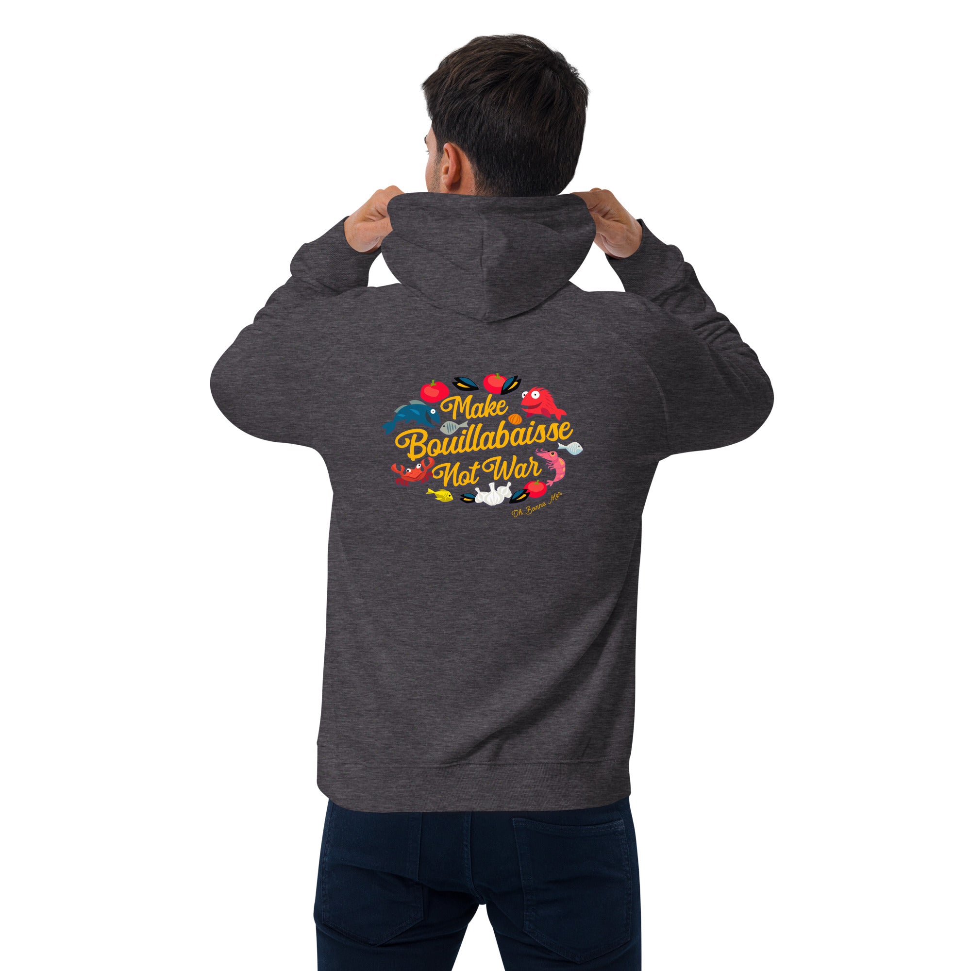 Unisex eco raglan hoodie Make Bouillabaisse Not War embroidered pattern (front) + print (back)