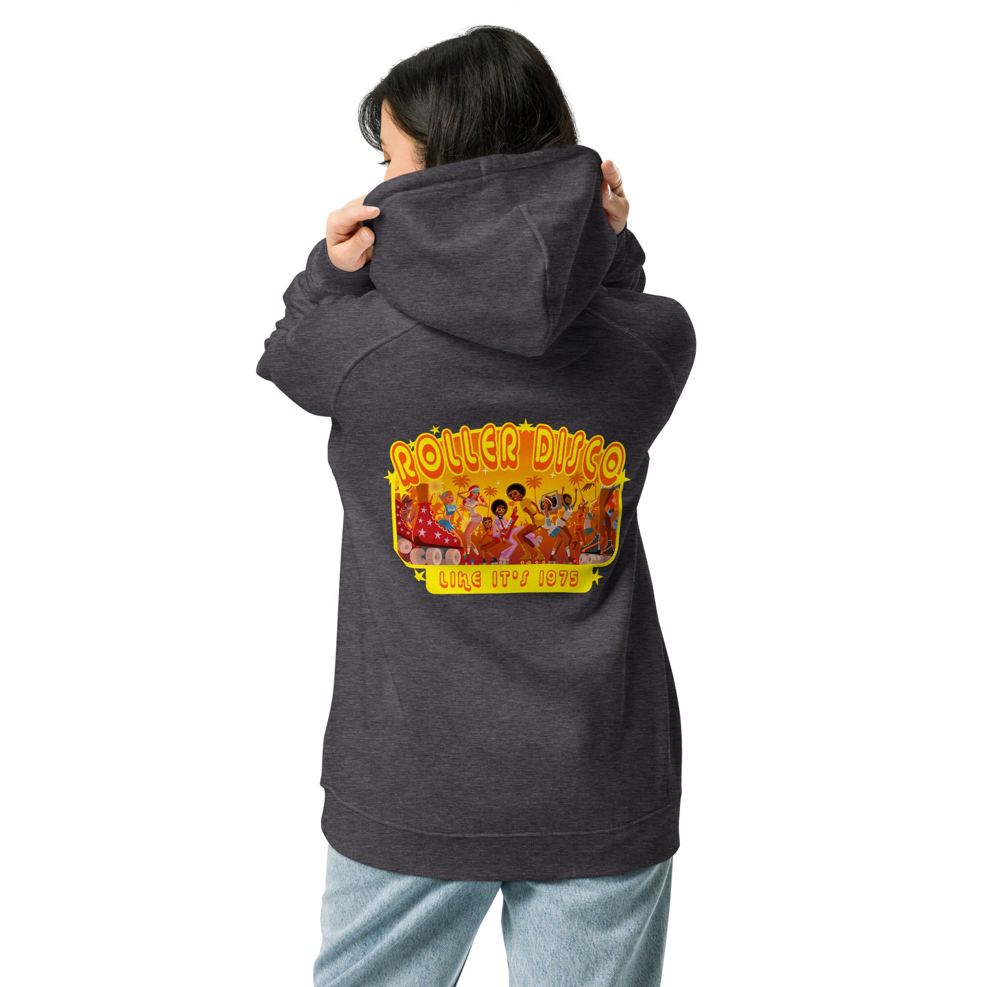 Unisex eco raglan hoodie Roller Disco (front & back)