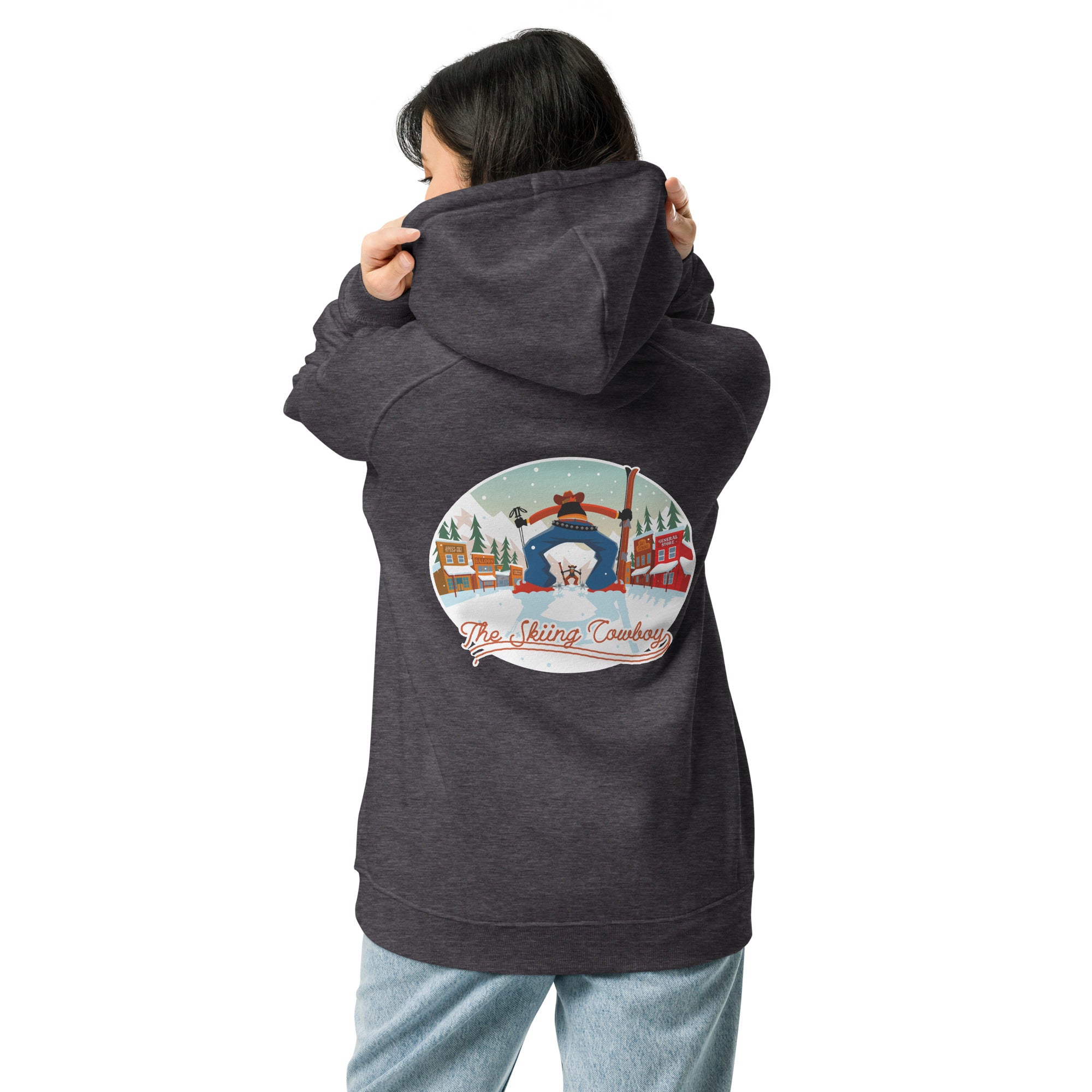 Unisex eco raglan hoodie Skiing Duel (front & back)