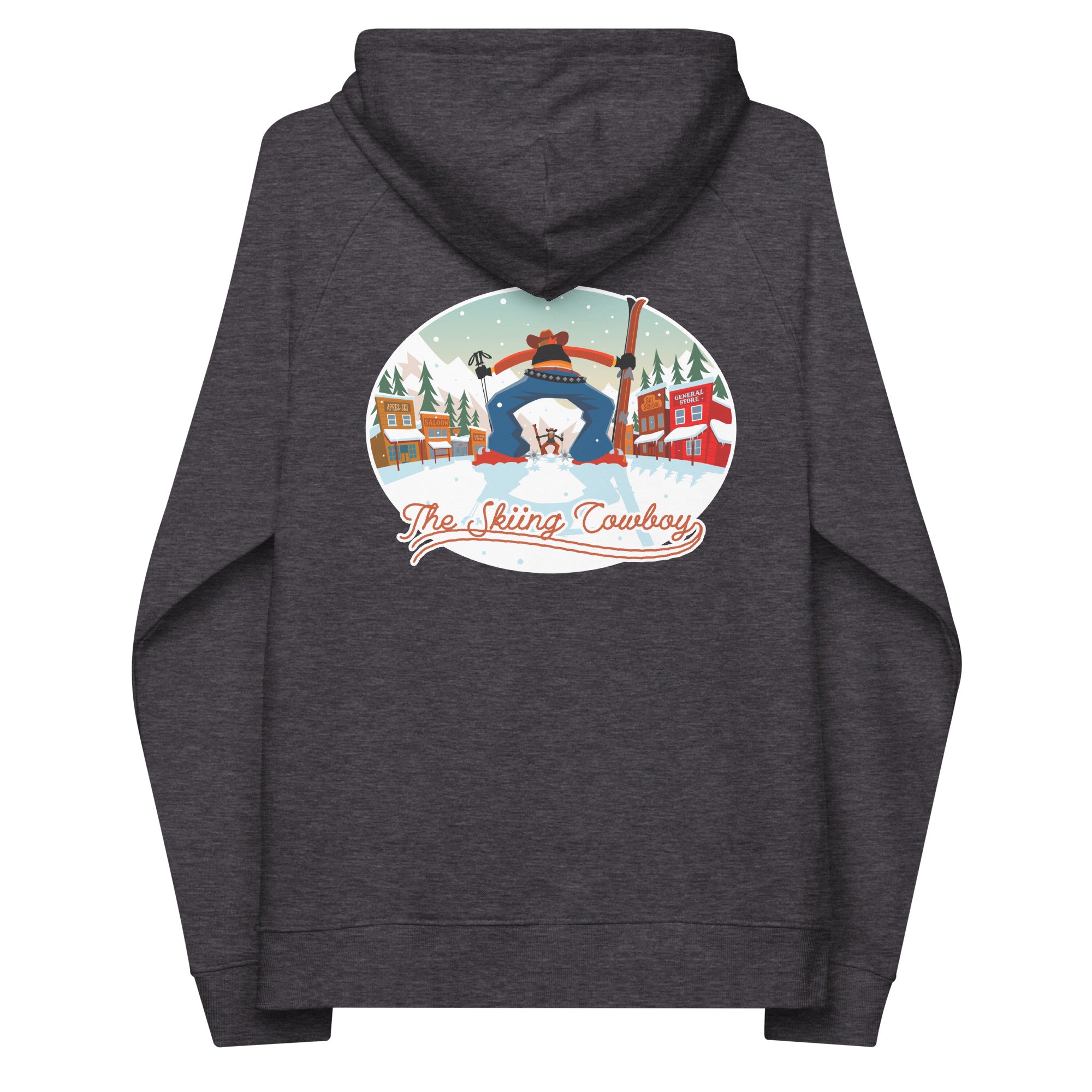 Unisex eco raglan hoodie Skiing Duel (front & back)