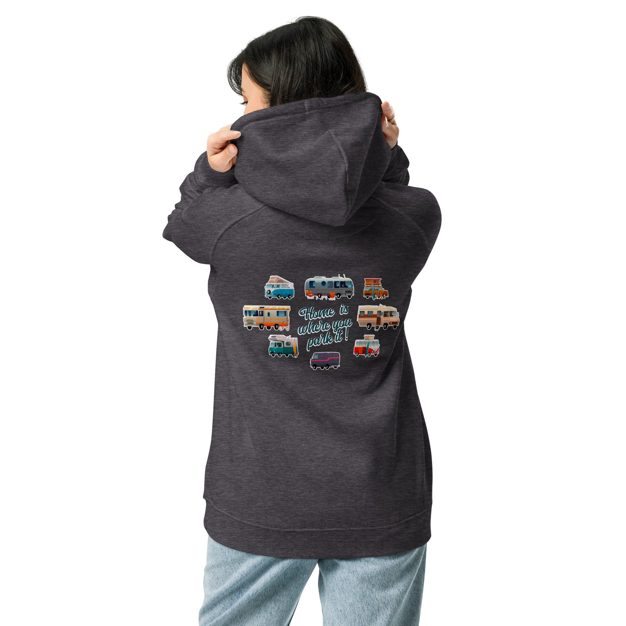 Unisex eco raglan hoodie Square Vintage Campers Home is where you park it white embroidered pattern