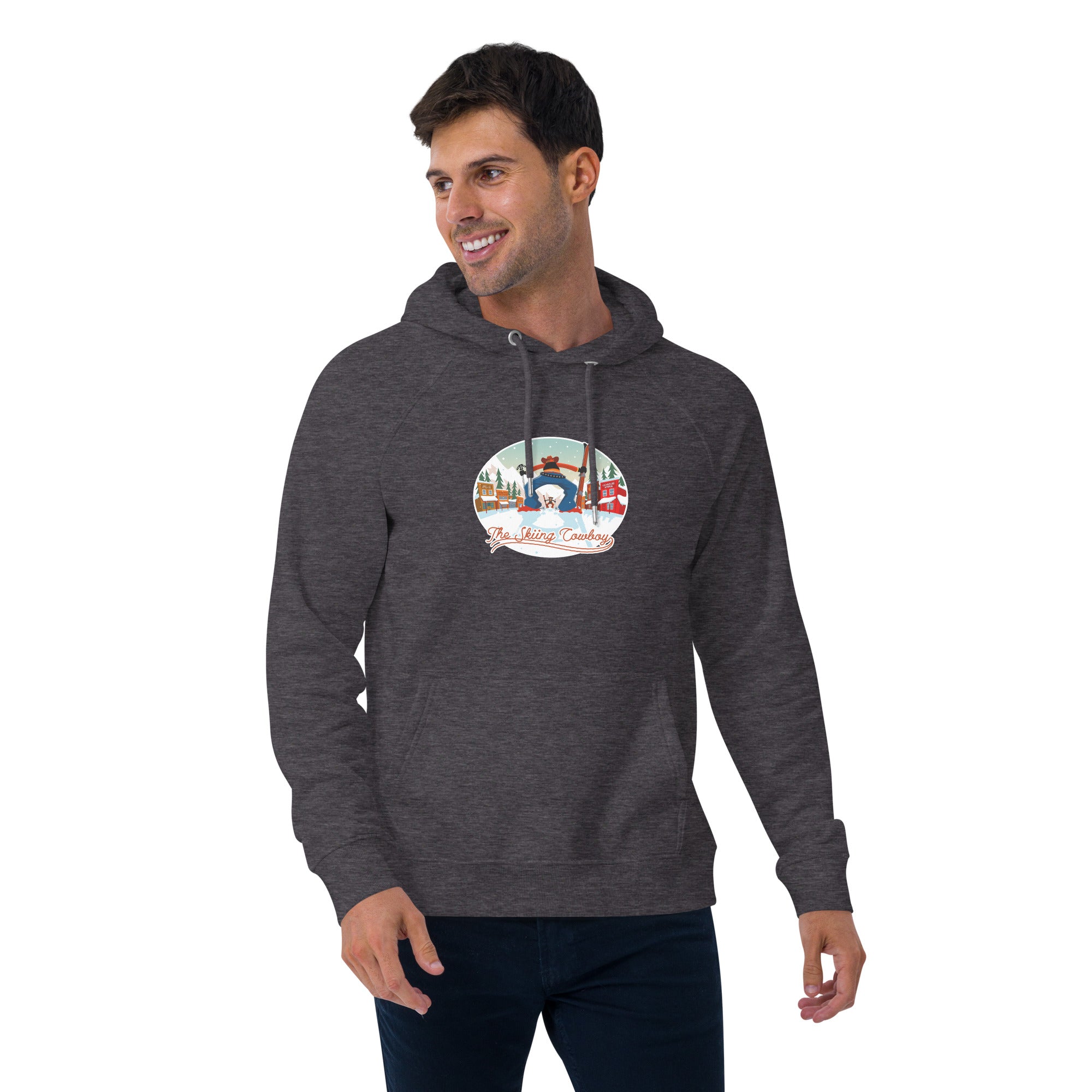 Unisex eco raglan hoodie Skiing Duel (front & back)