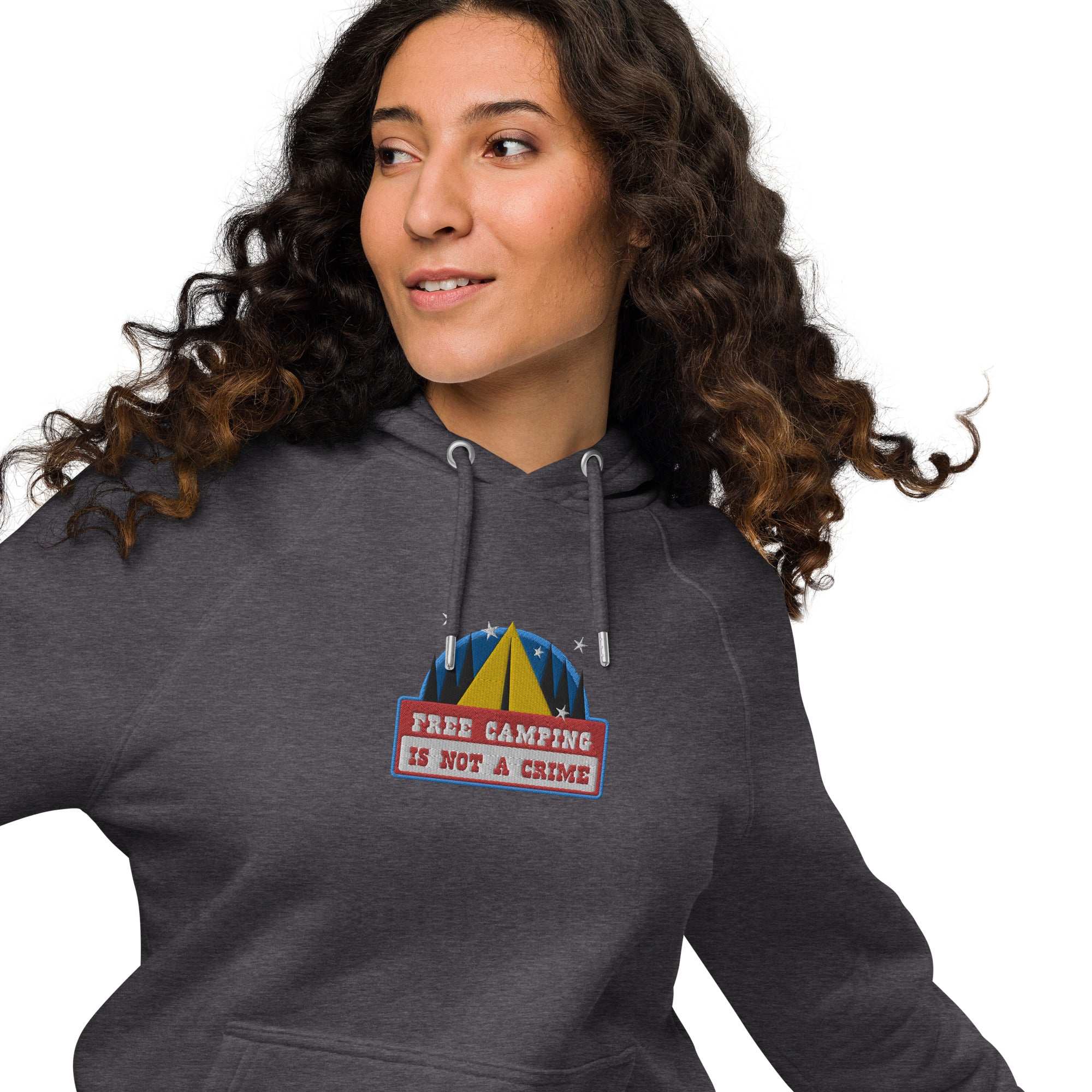 Unisex eco raglan hoodie Free camping is not a crime graphic multicolor embroidered pattern