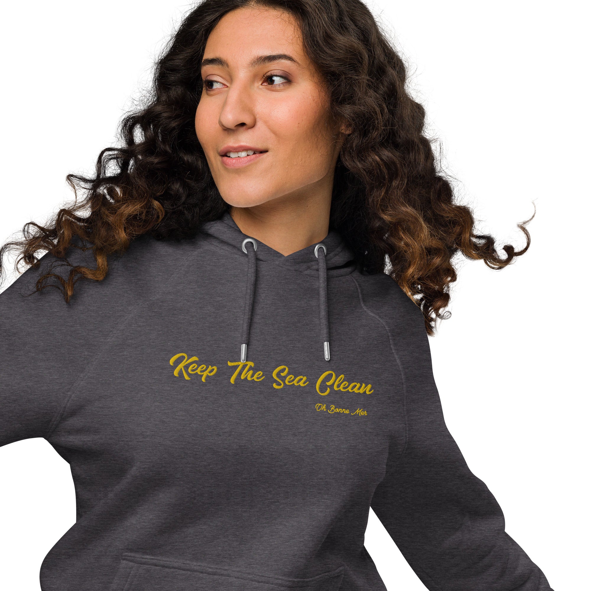 Unisex eco raglan hoodie Keep The Sea Clean large gold embroidered pattern