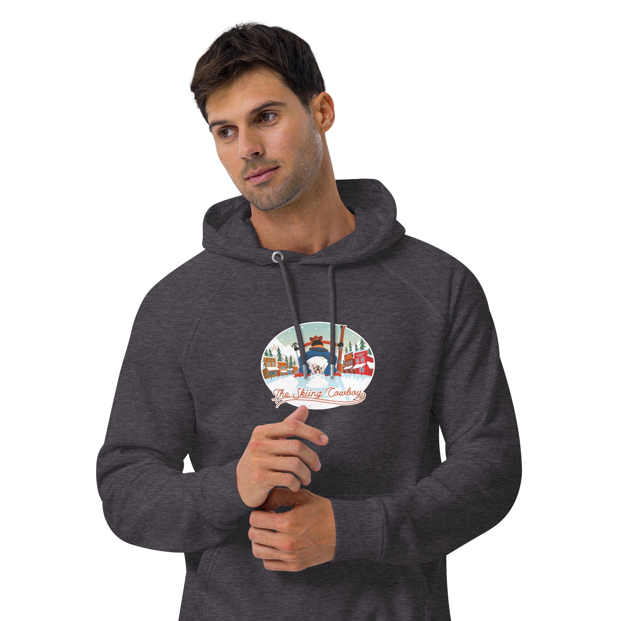 Unisex eco raglan hoodie Skiing Duel (front & back)