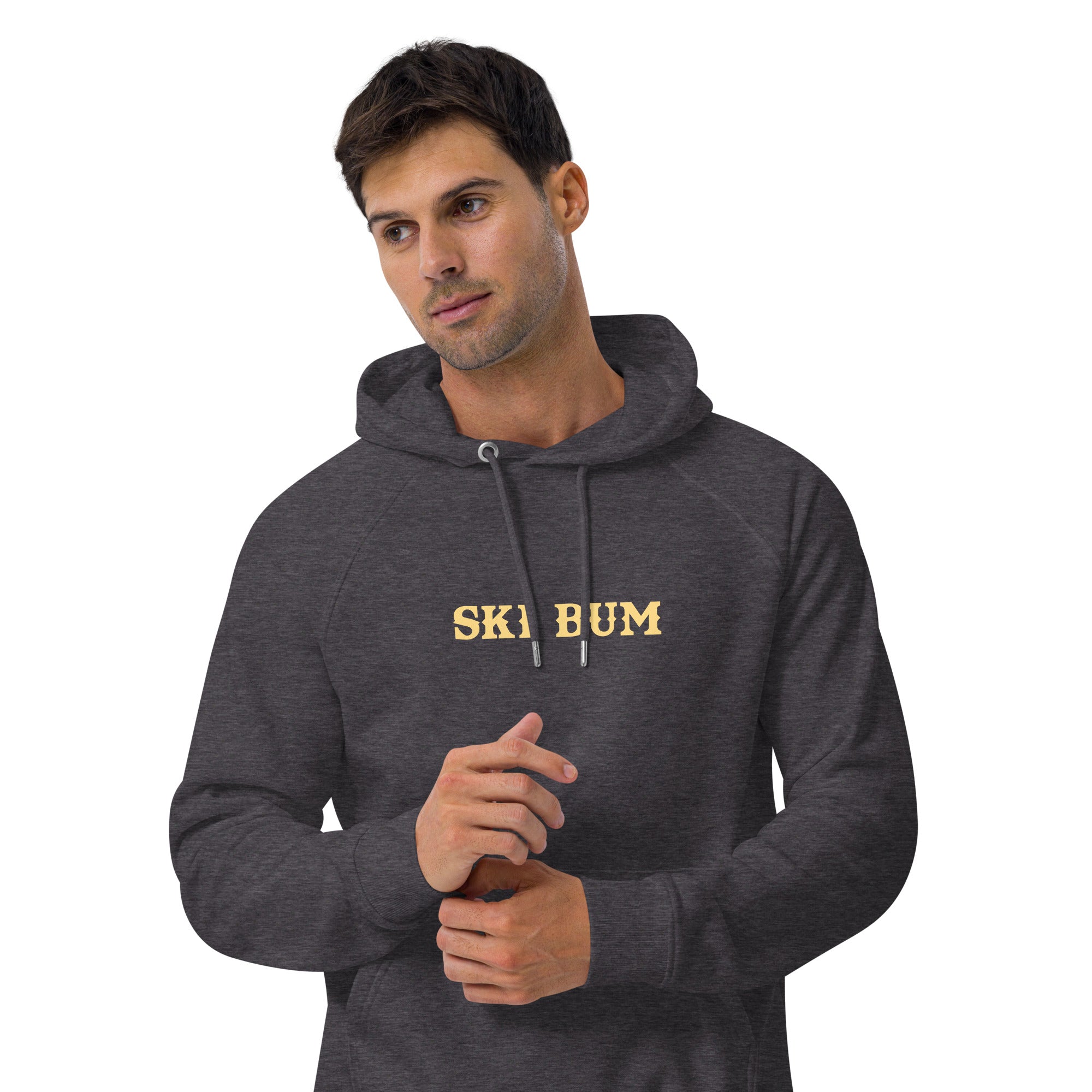 Unisex eco raglan hoodie Ski Bum light text