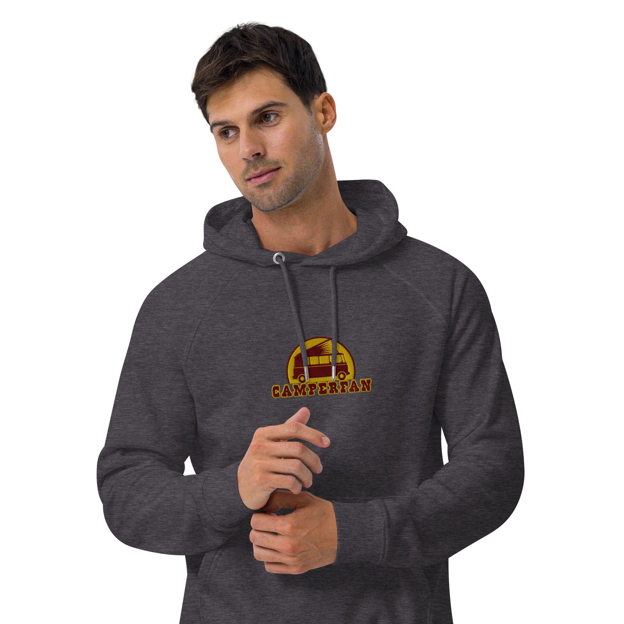 Unisex eco raglan hoodie maroon/gold embroidered pattern