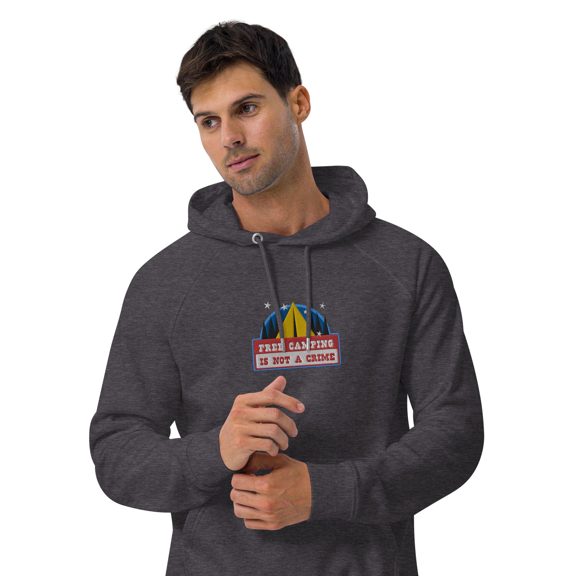 Unisex eco raglan hoodie Free camping is not a crime graphic multicolor embroidered pattern