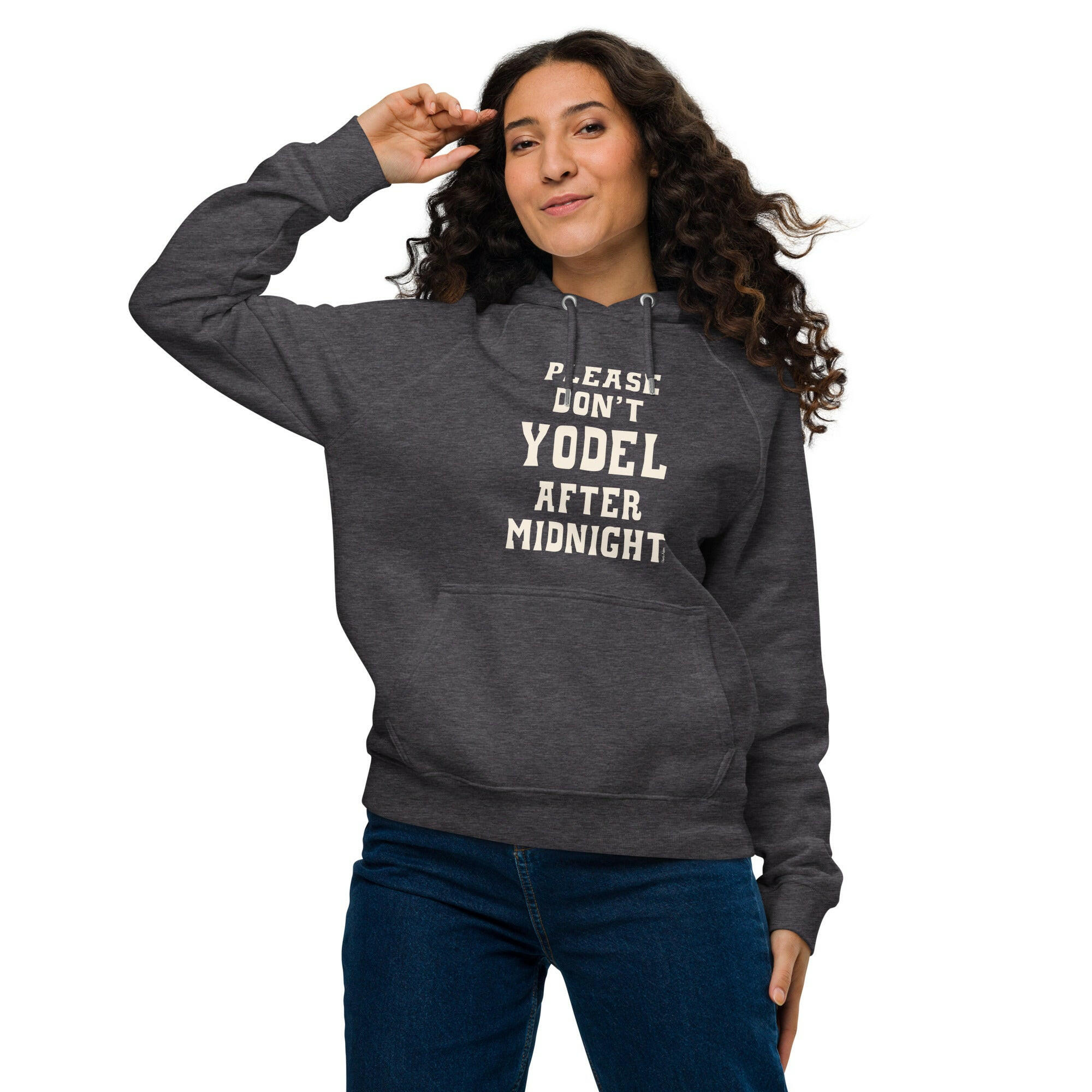 Unisex eco raglan hoodie Don't Yodel After Midnight on dark colors