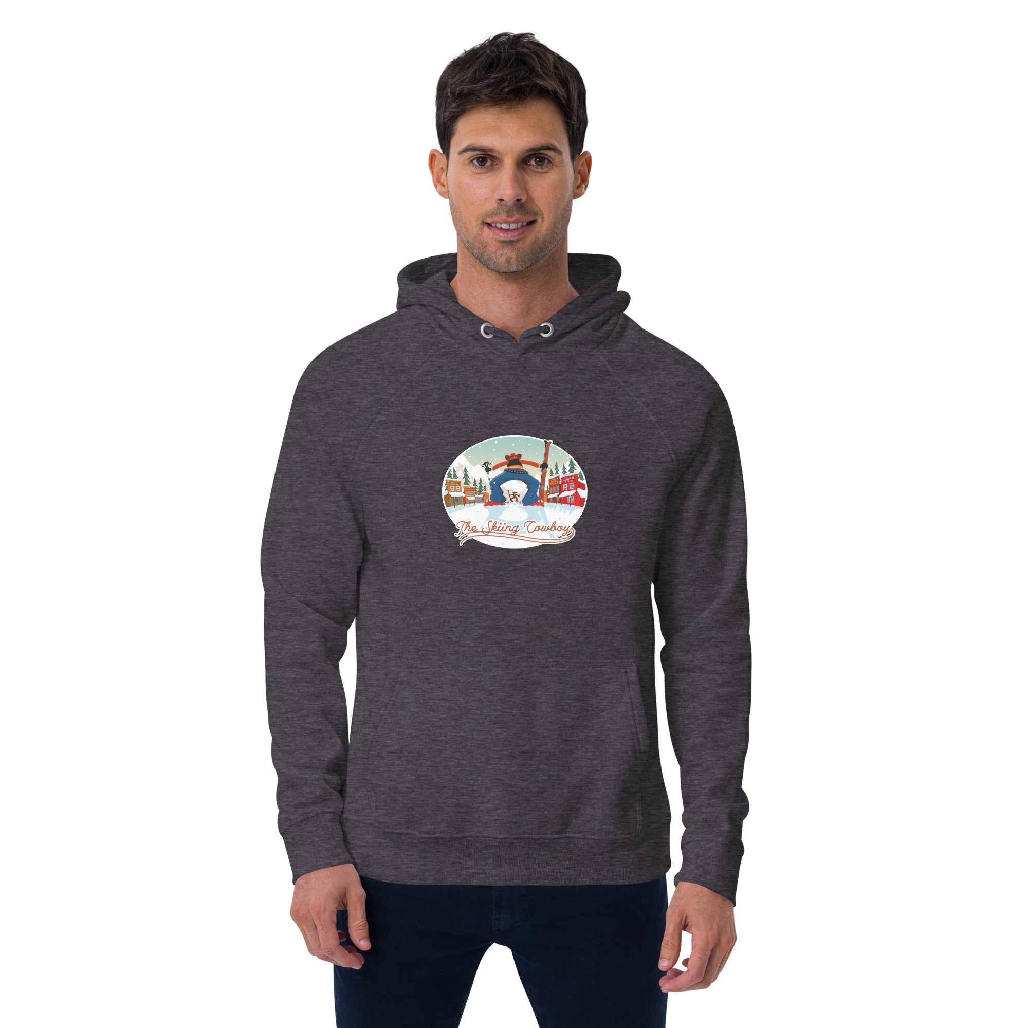 Unisex eco raglan hoodie Skiing Duel (front & back)