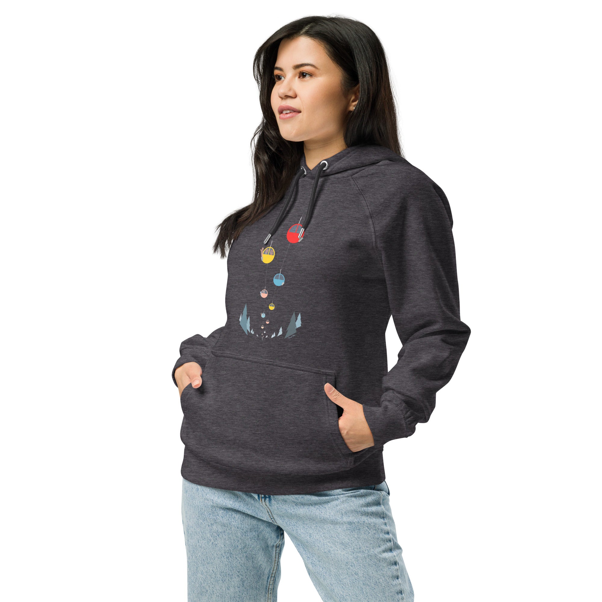 Unisex eco raglan hoodie Gondolas in the mist