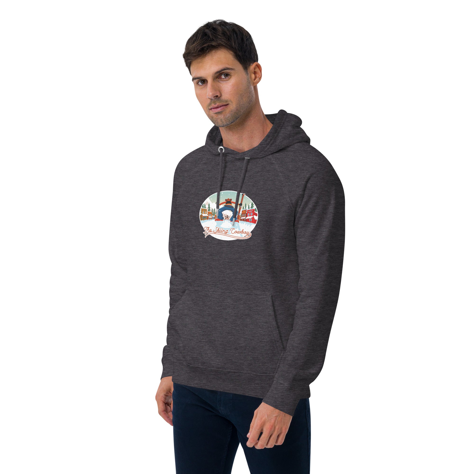 Unisex eco raglan hoodie Skiing Duel (front & back)